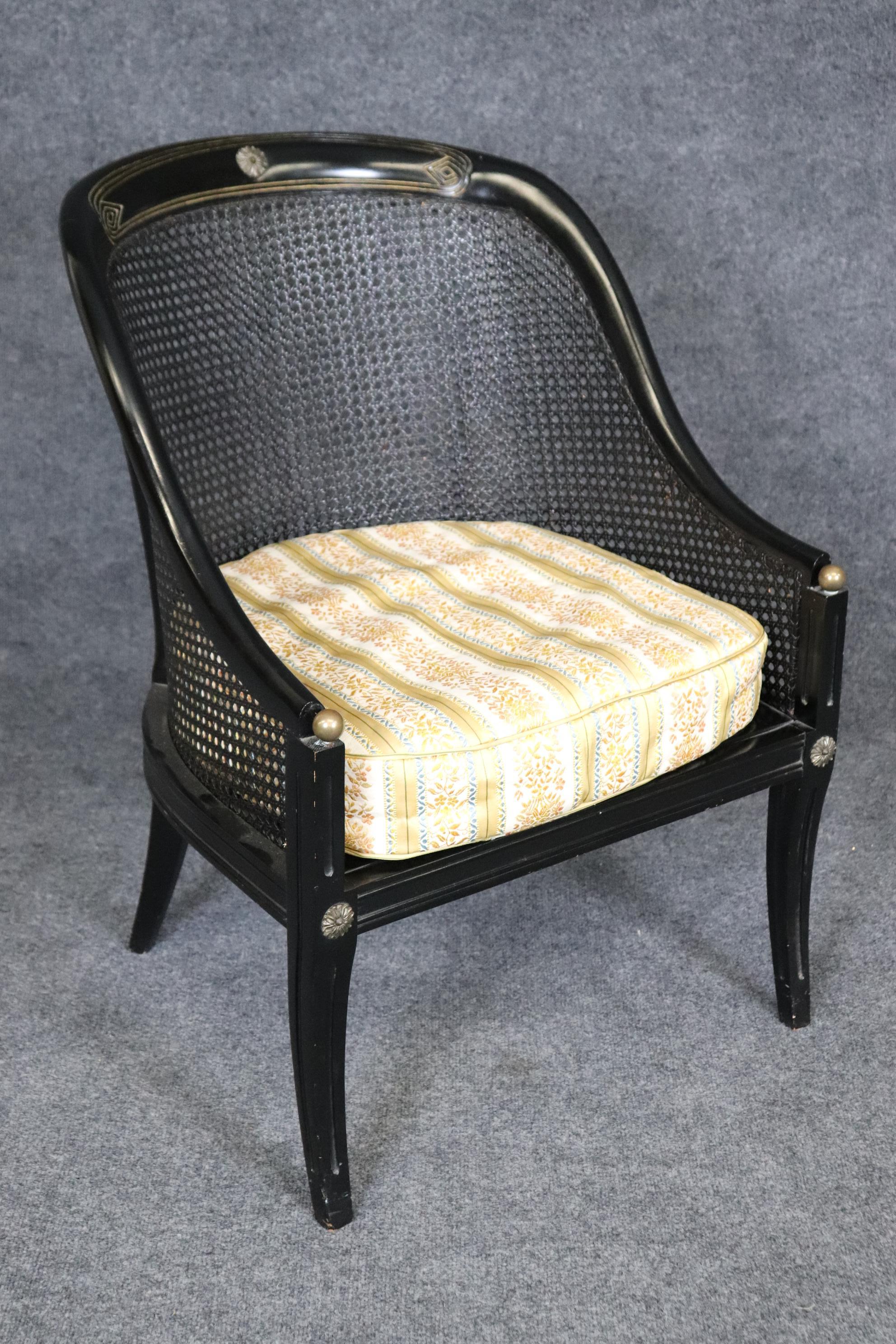 Pair Ebonized Black Cane Back French Directoire Bergere Chairs Brass Accents For Sale 2