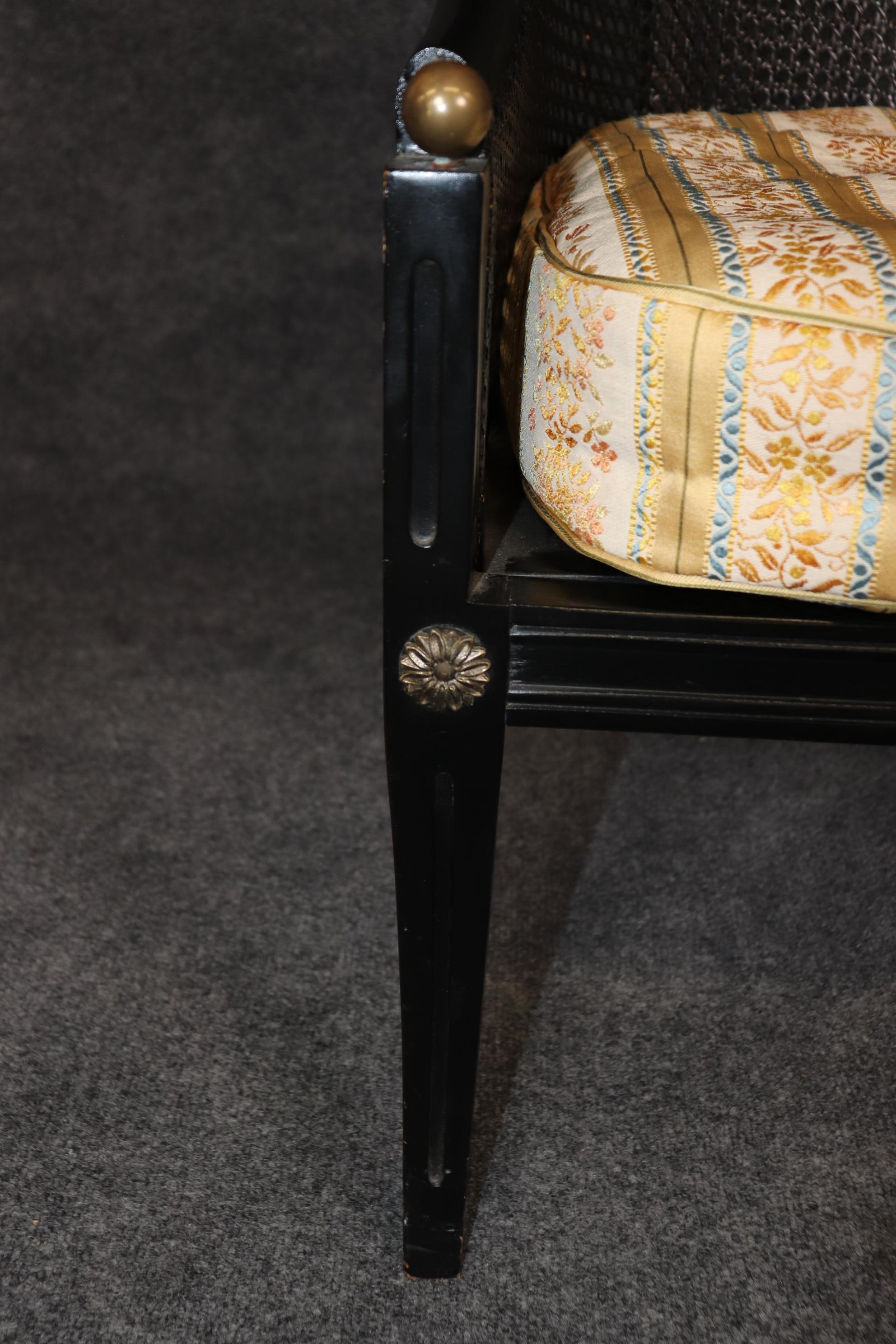 Pair Ebonized Black Cane Back French Directoire Bergere Chairs Brass Accents For Sale 4