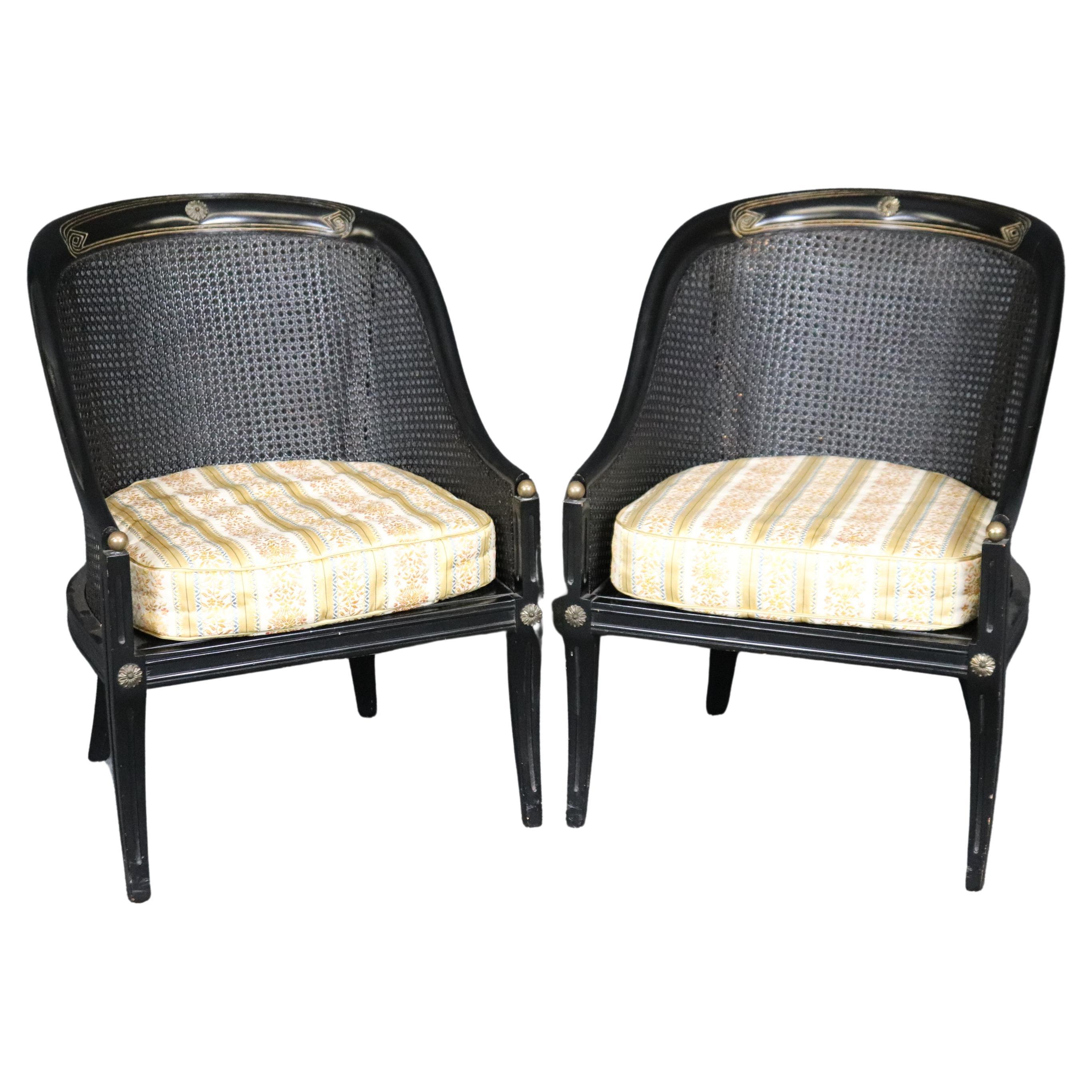 Pair Ebonized Black Cane Back French Directoire Bergere Chairs Brass Accents For Sale