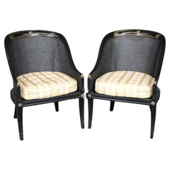 Pair Ebonized Black Cane Back French Directoire Bergere Chairs Brass Accents