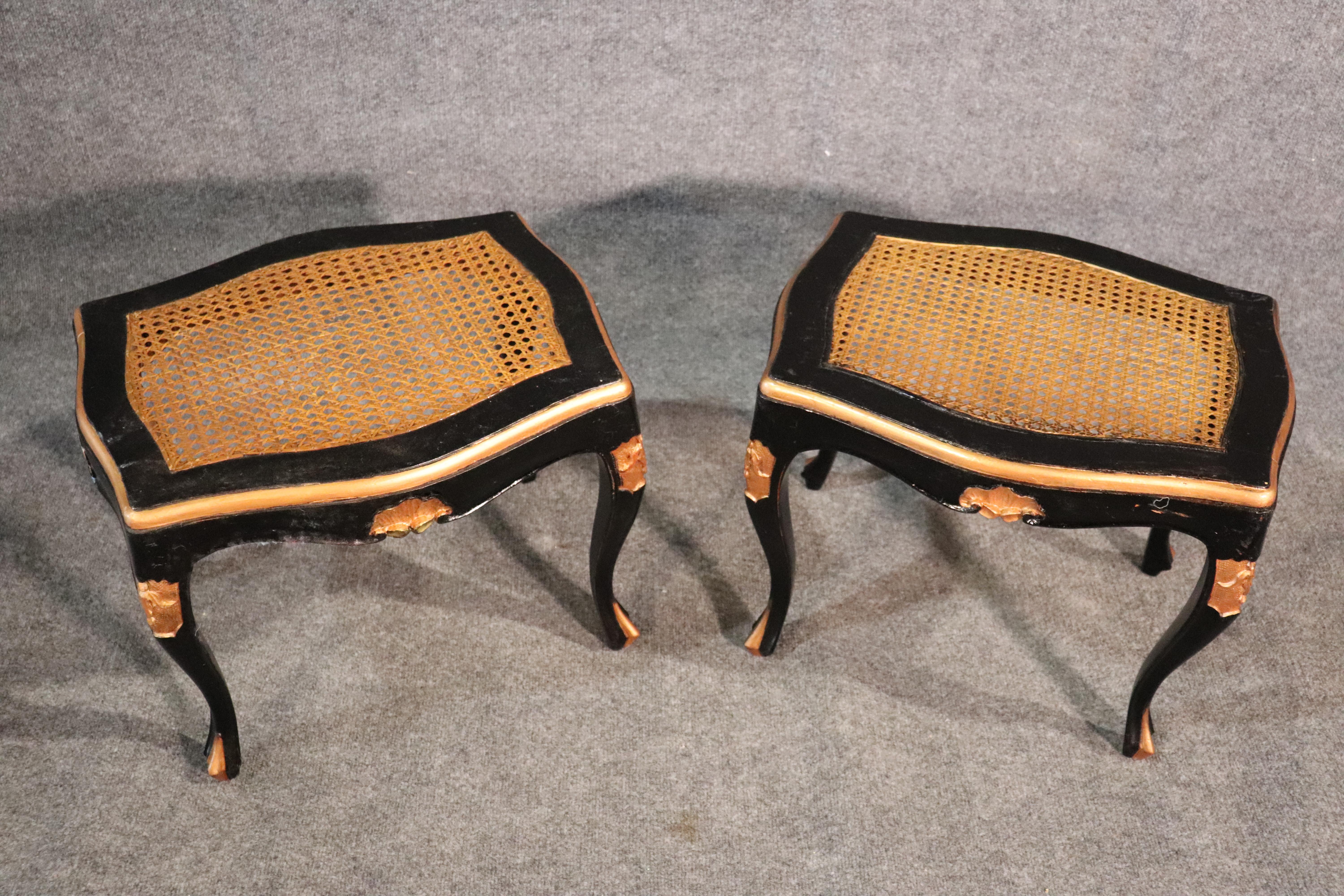 Pair of Ebonized Black Lacquer Cane Gilded French Louis XV Stools Benches In Good Condition In Swedesboro, NJ
