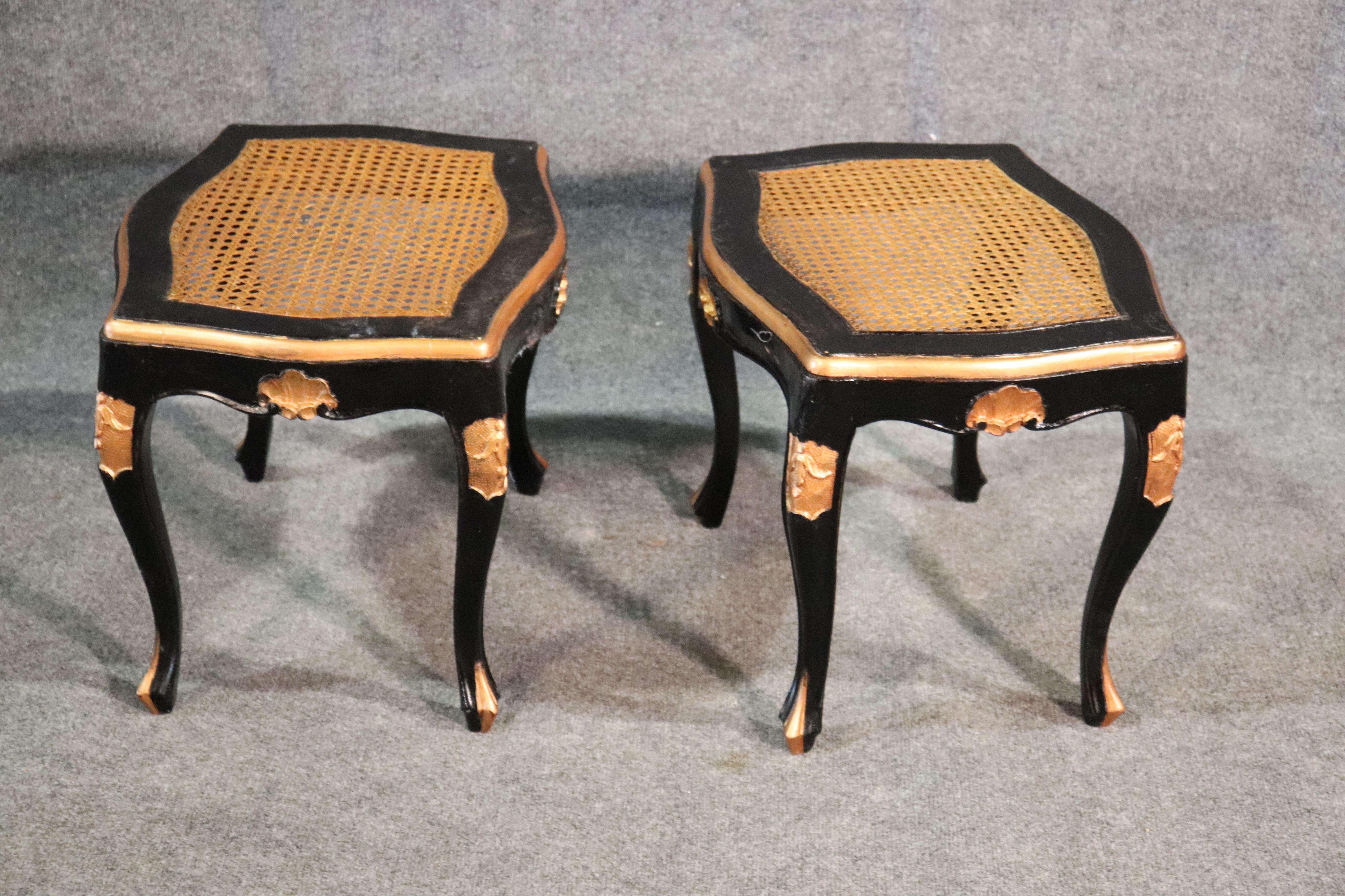 Mid-20th Century Pair of Ebonized Black Lacquer Cane Gilded French Louis XV Stools Benches