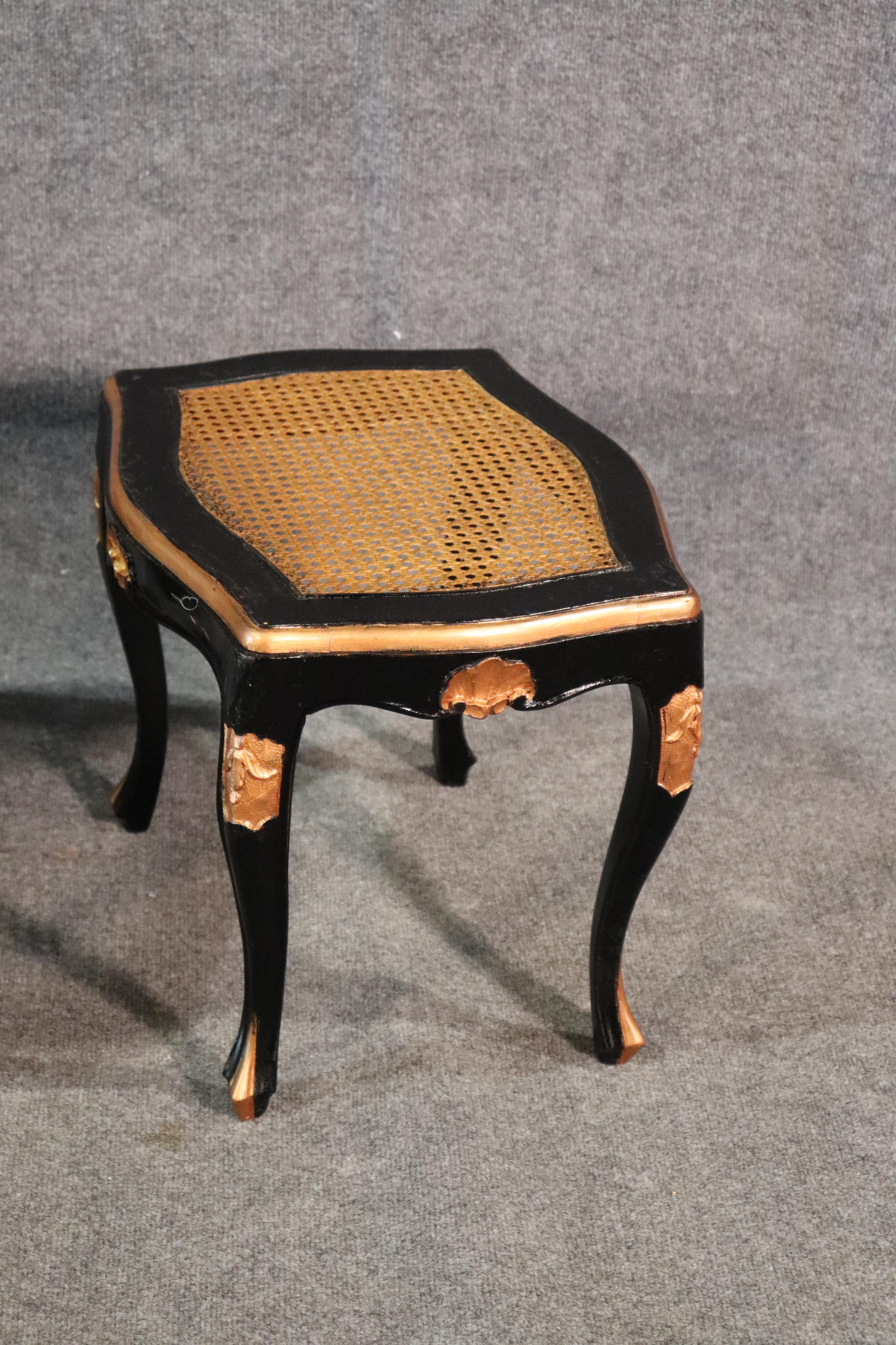 Hardwood Pair of Ebonized Black Lacquer Cane Gilded French Louis XV Stools Benches