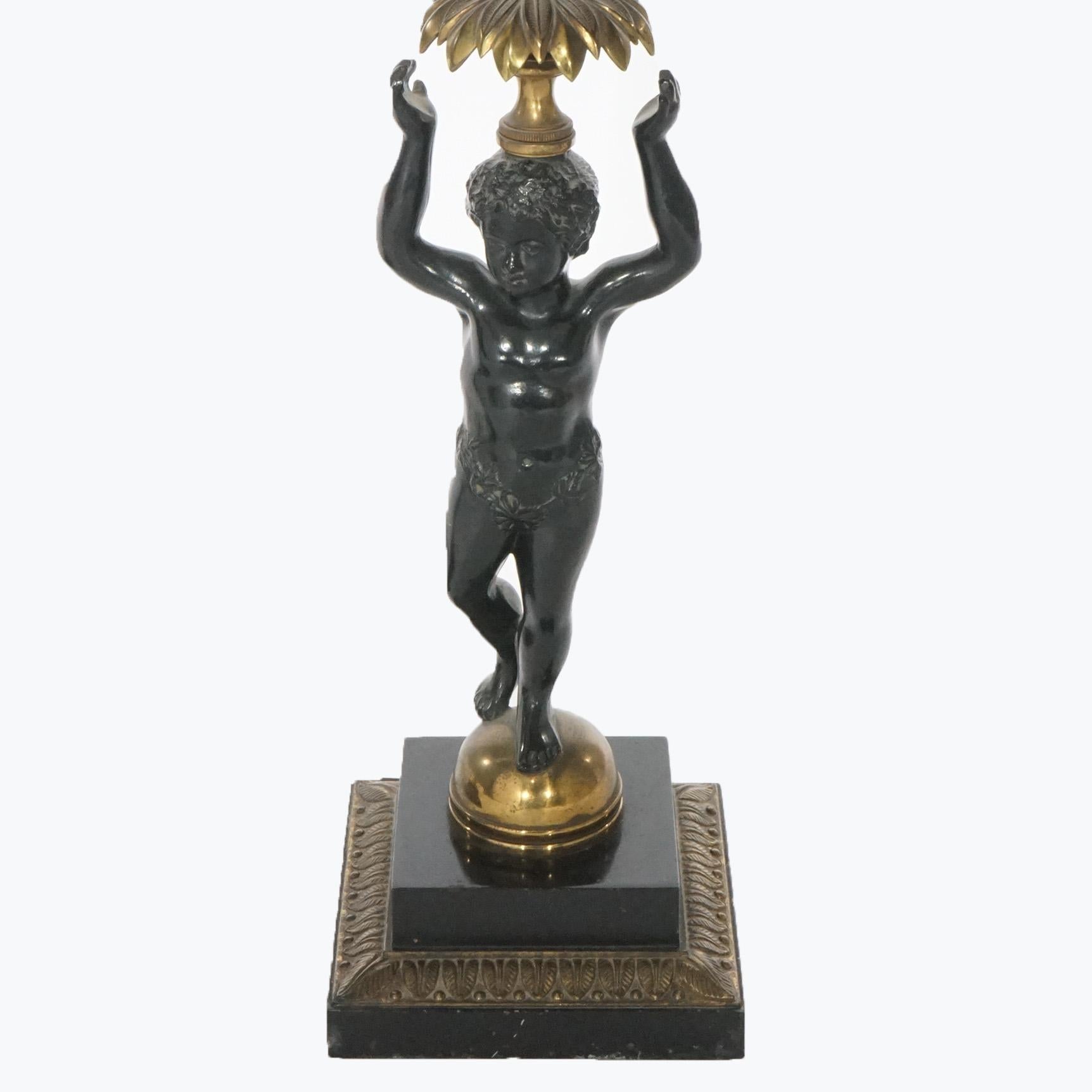 Pair Ebonized Bronze Figural Cherub Torchiere Banquet Lamps, 20th C For Sale 5