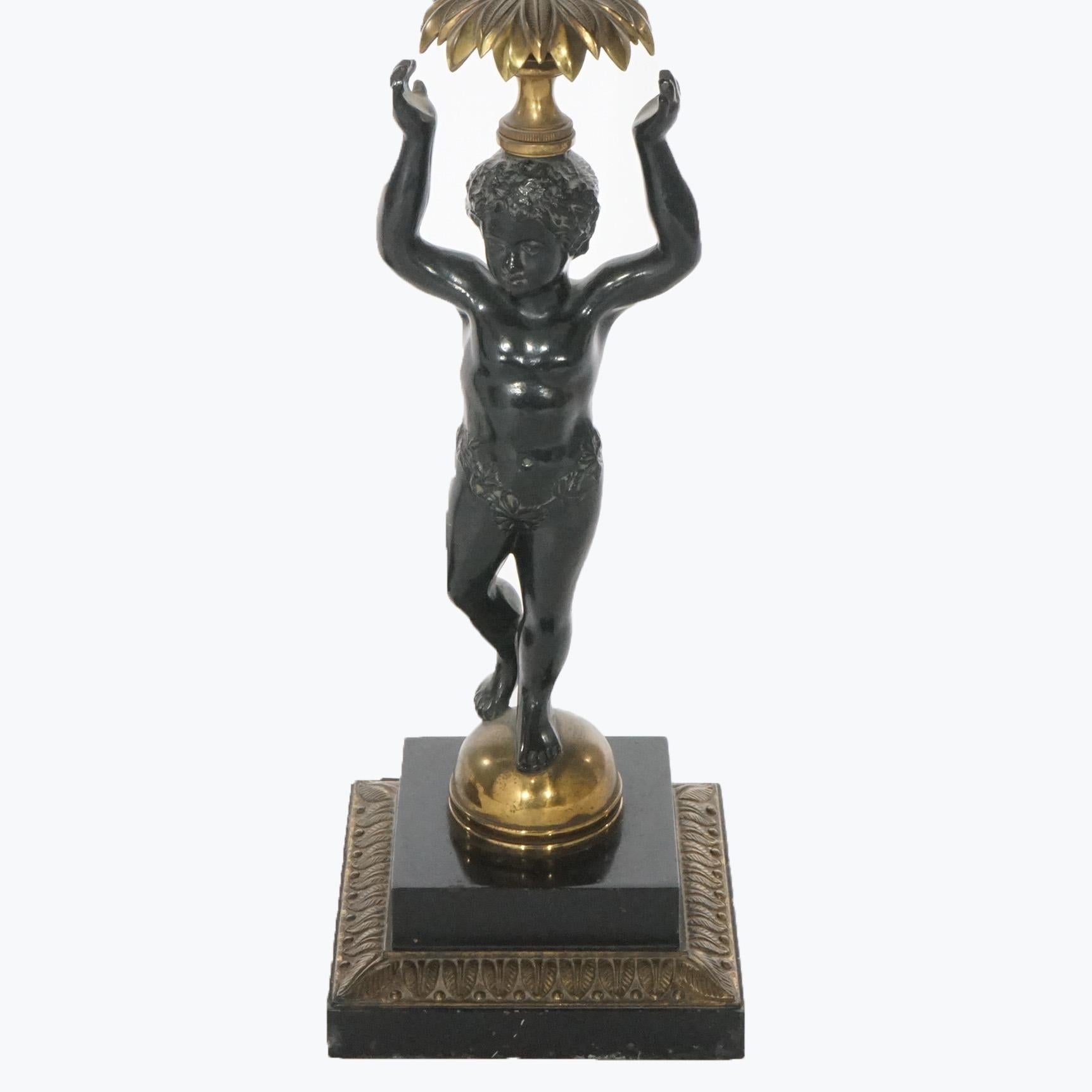 Pair Ebonized Bronze Figural Cherub Torchiere Banquet Lamps, 20th C 5