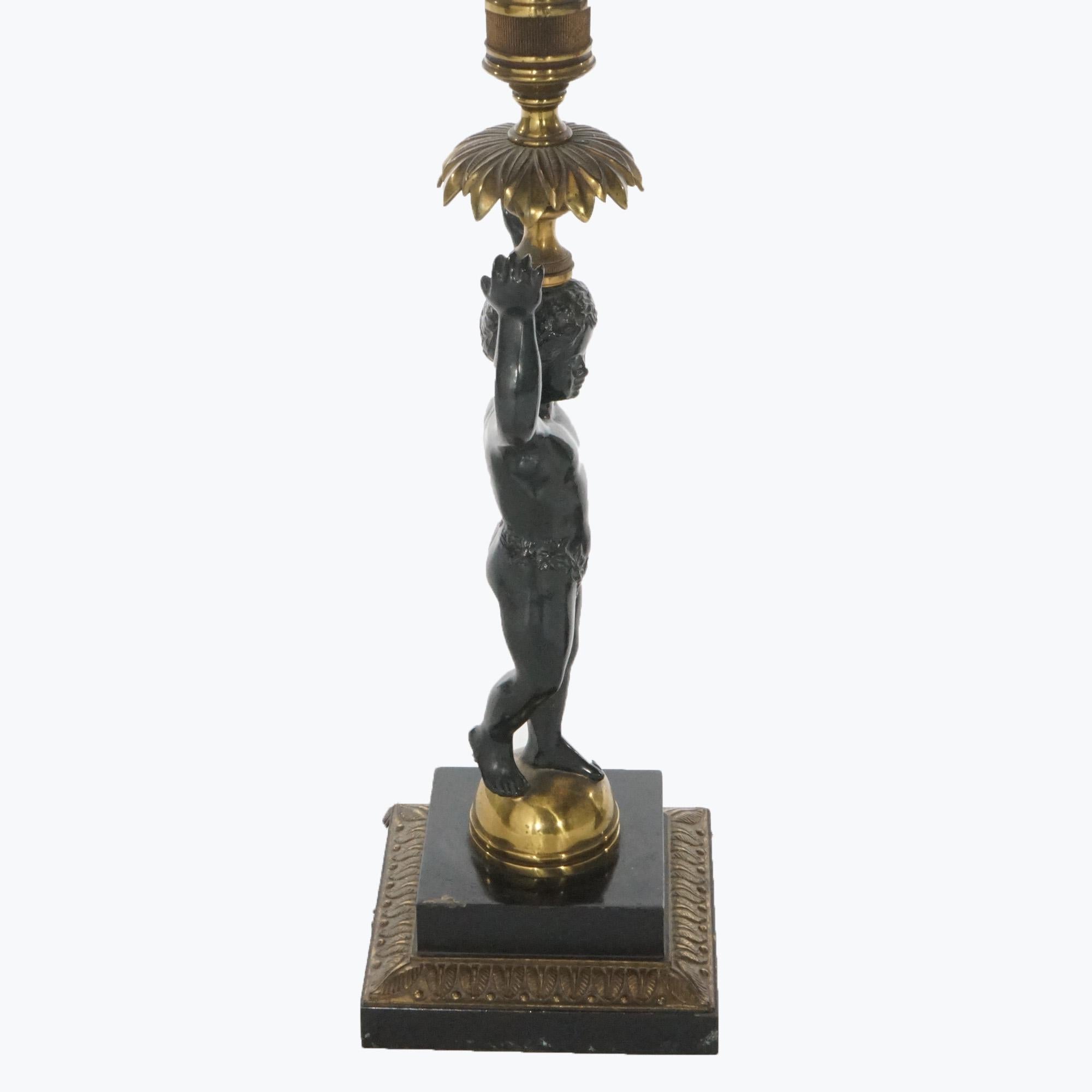 Pair Ebonized Bronze Figural Cherub Torchiere Banquet Lamps, 20th C 7