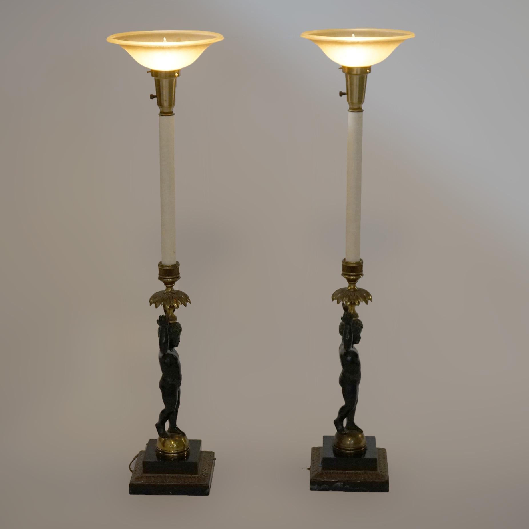 American Pair Ebonized Bronze Figural Cherub Torchiere Banquet Lamps, 20th C For Sale