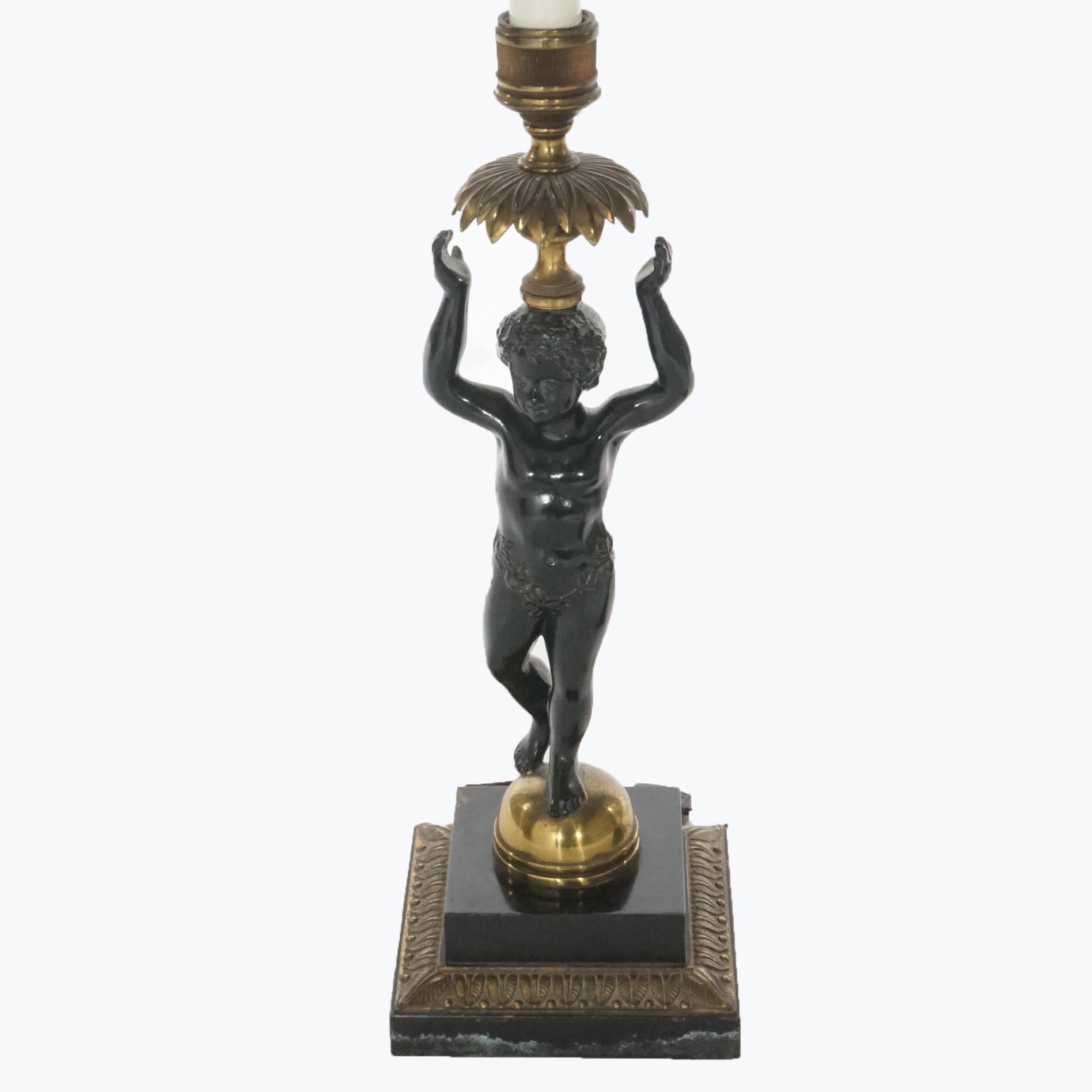 Pair Ebonized Bronze Figural Cherub Torchiere Banquet Lamps, 20th C For Sale 4