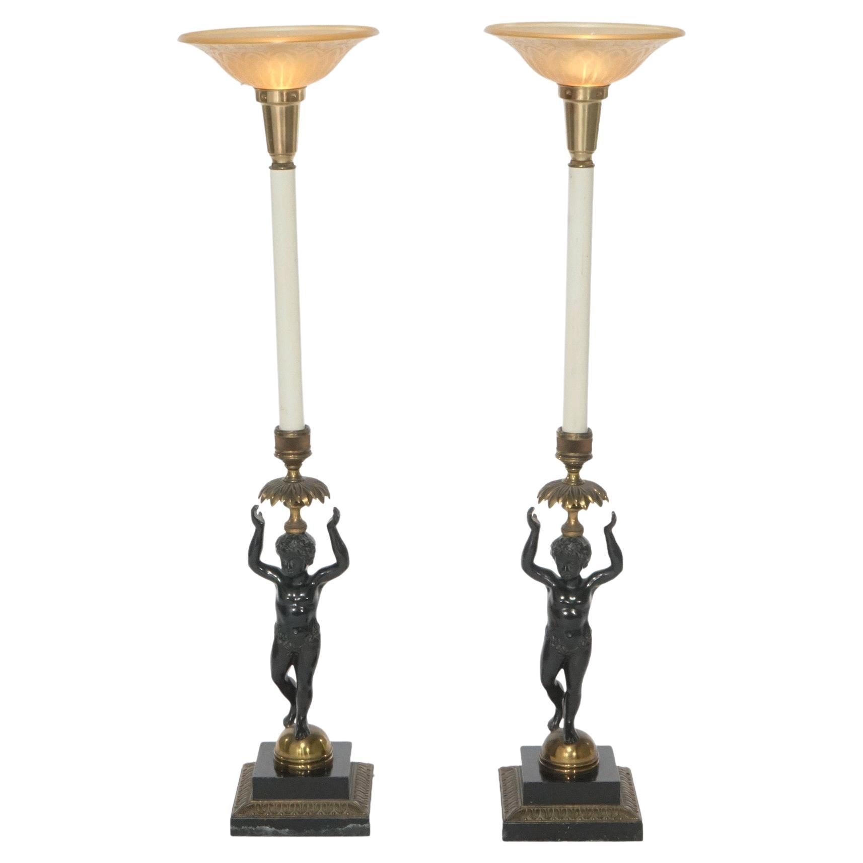 Pair Ebonized Bronze Figural Cherub Torchiere Banquet Lamps, 20th C For Sale