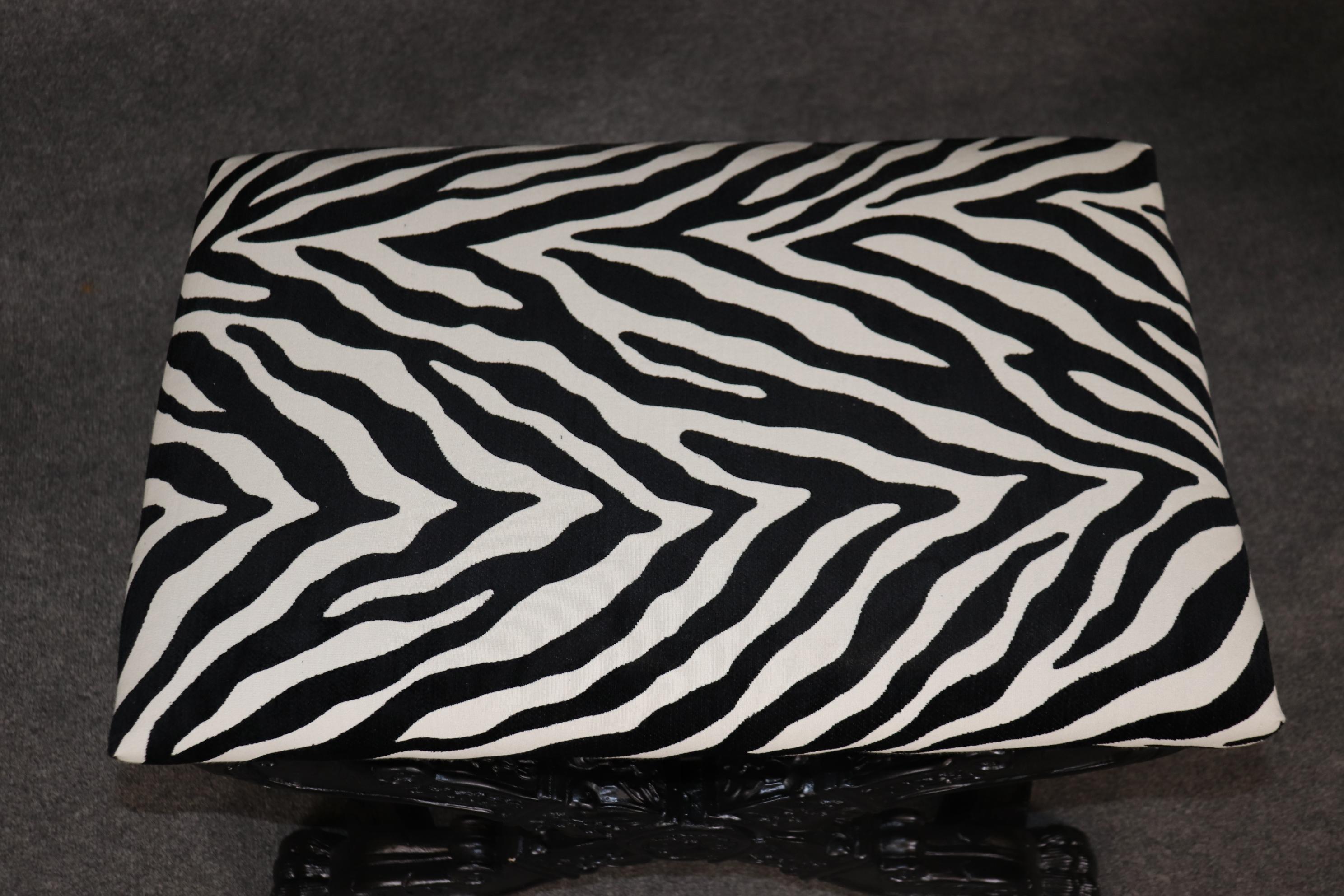 Pair Ebonized Carved French Maison Jansen Style Zebra Print Upholstered Stools For Sale 6