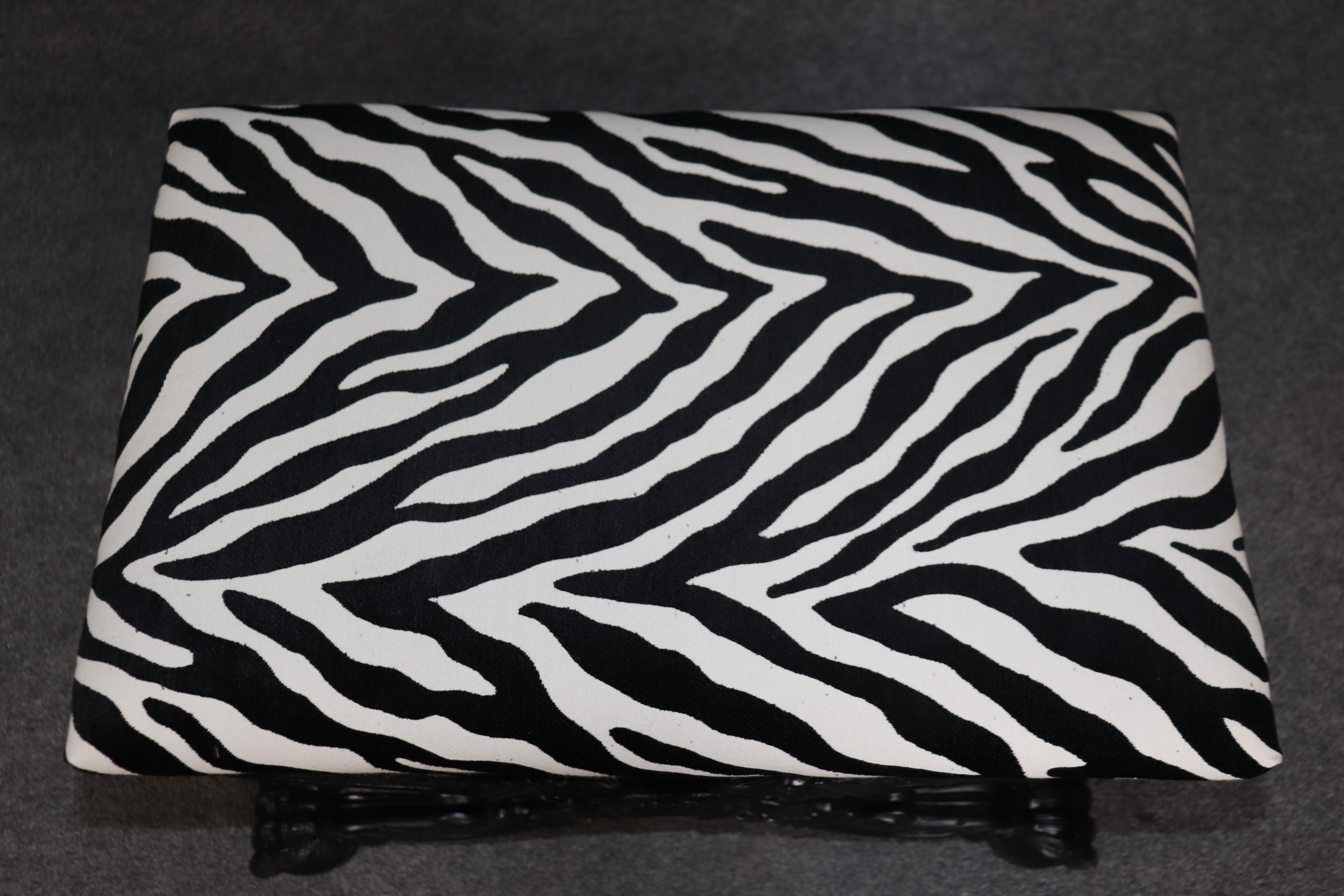 Pair Ebonized Carved French Maison Jansen Style Zebra Print Upholstered Stools For Sale 7