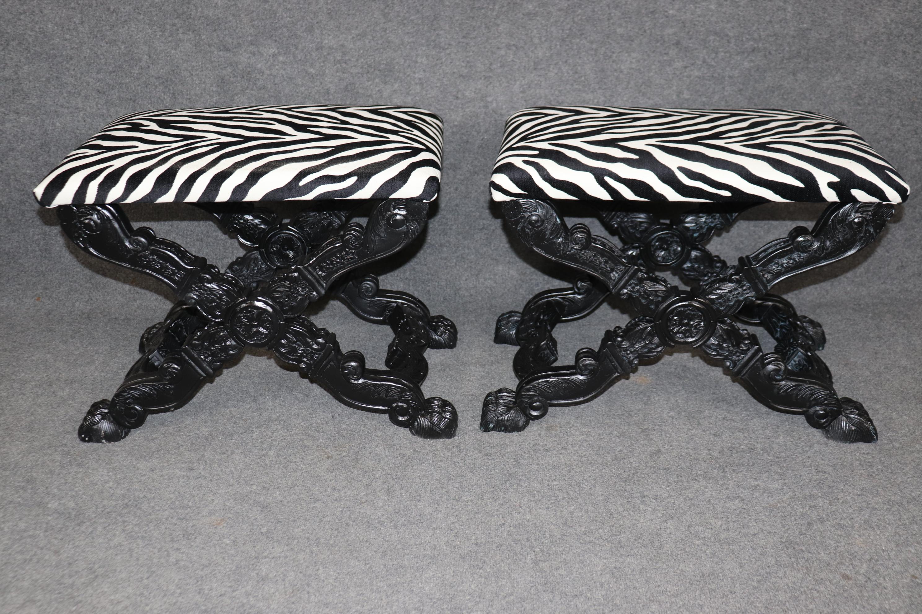 Pair Ebonized Carved French Maison Jansen Style Zebra Print Upholstered Stools In Good Condition For Sale In Swedesboro, NJ