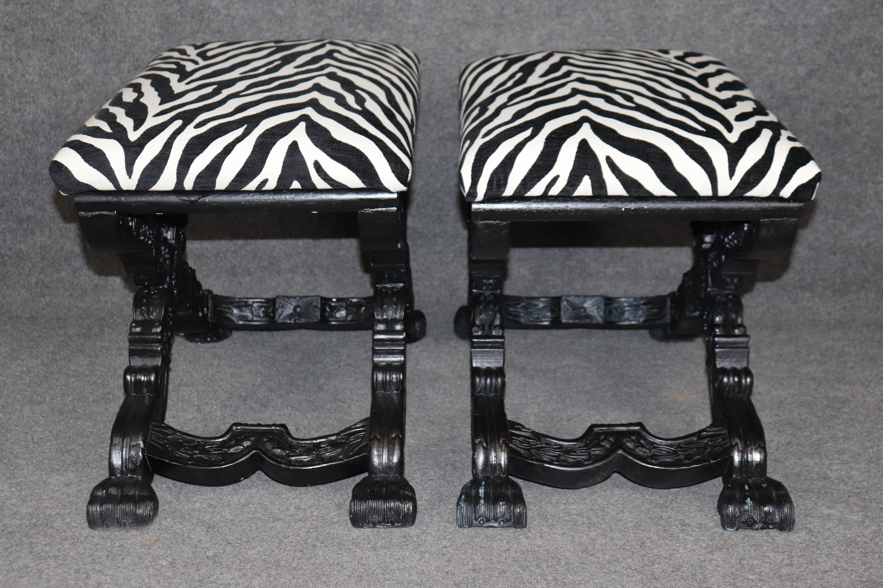 Mid-20th Century Pair Ebonized Carved French Maison Jansen Style Zebra Print Upholstered Stools For Sale