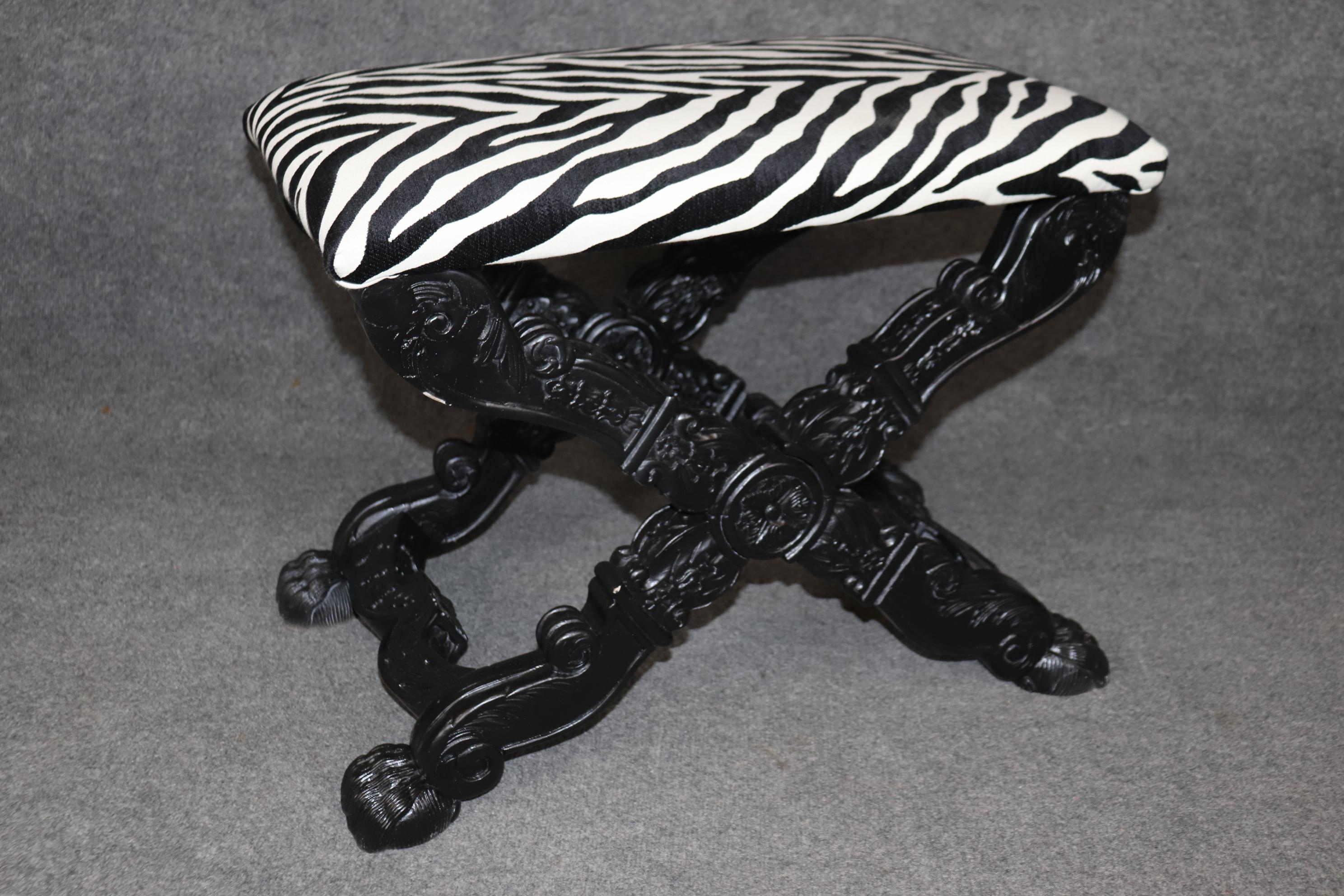 Walnut Pair Ebonized Carved French Maison Jansen Style Zebra Print Upholstered Stools For Sale