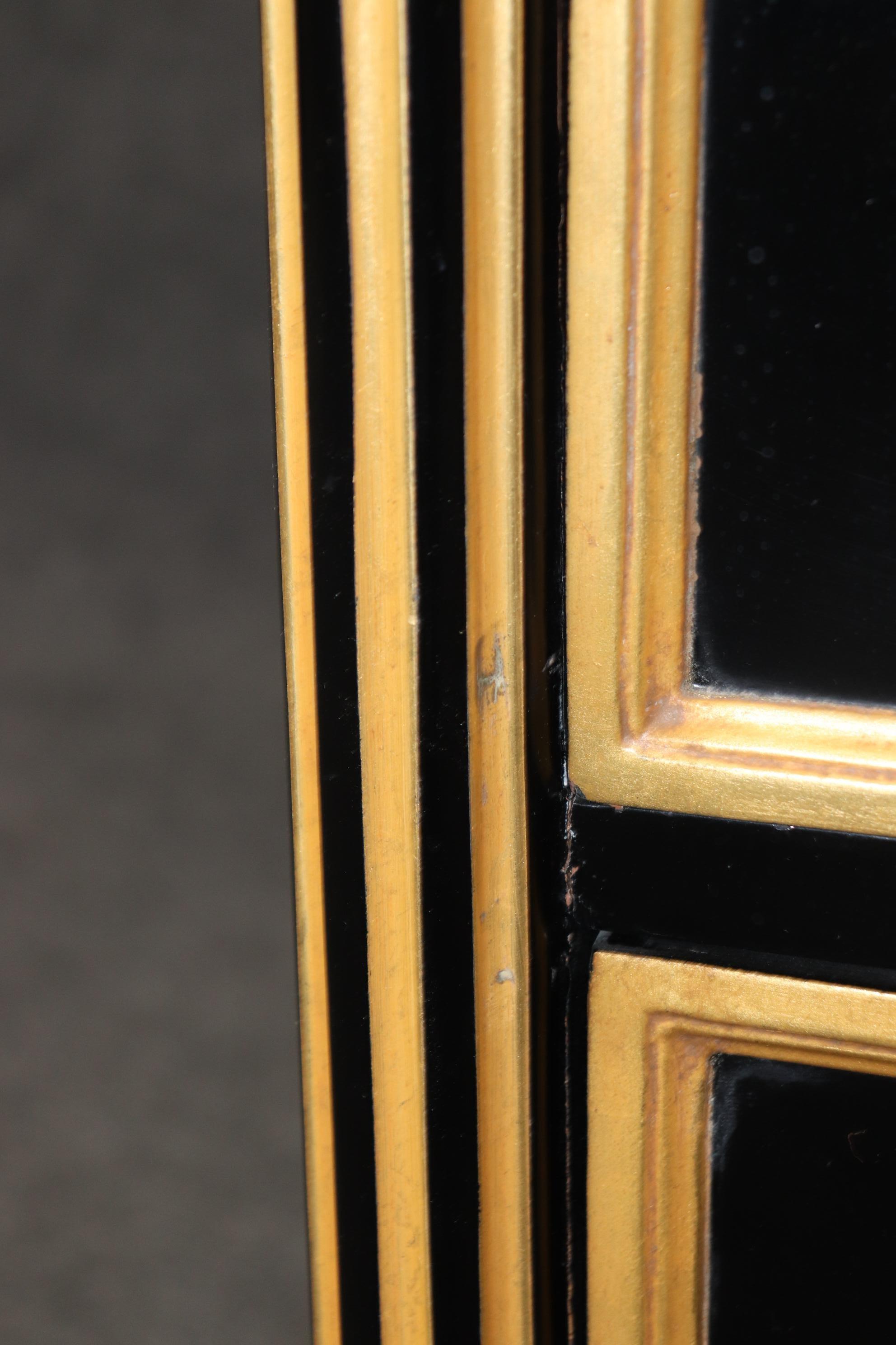 Pair Ebonized Directoire Style Maison Jansen Style Marble Top Gilded Commodes 4