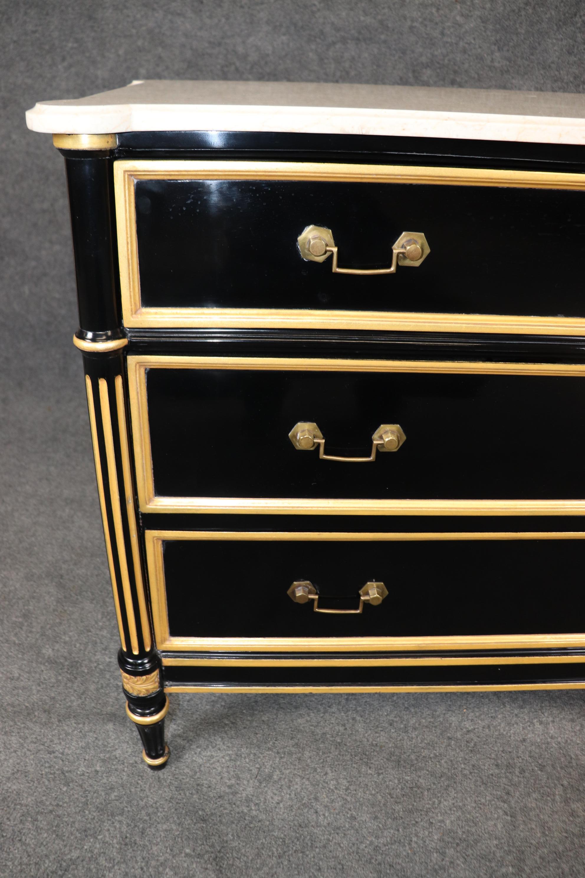 Pair Ebonized Directoire Style Maison Jansen Style Marble Top Gilded Commodes 5