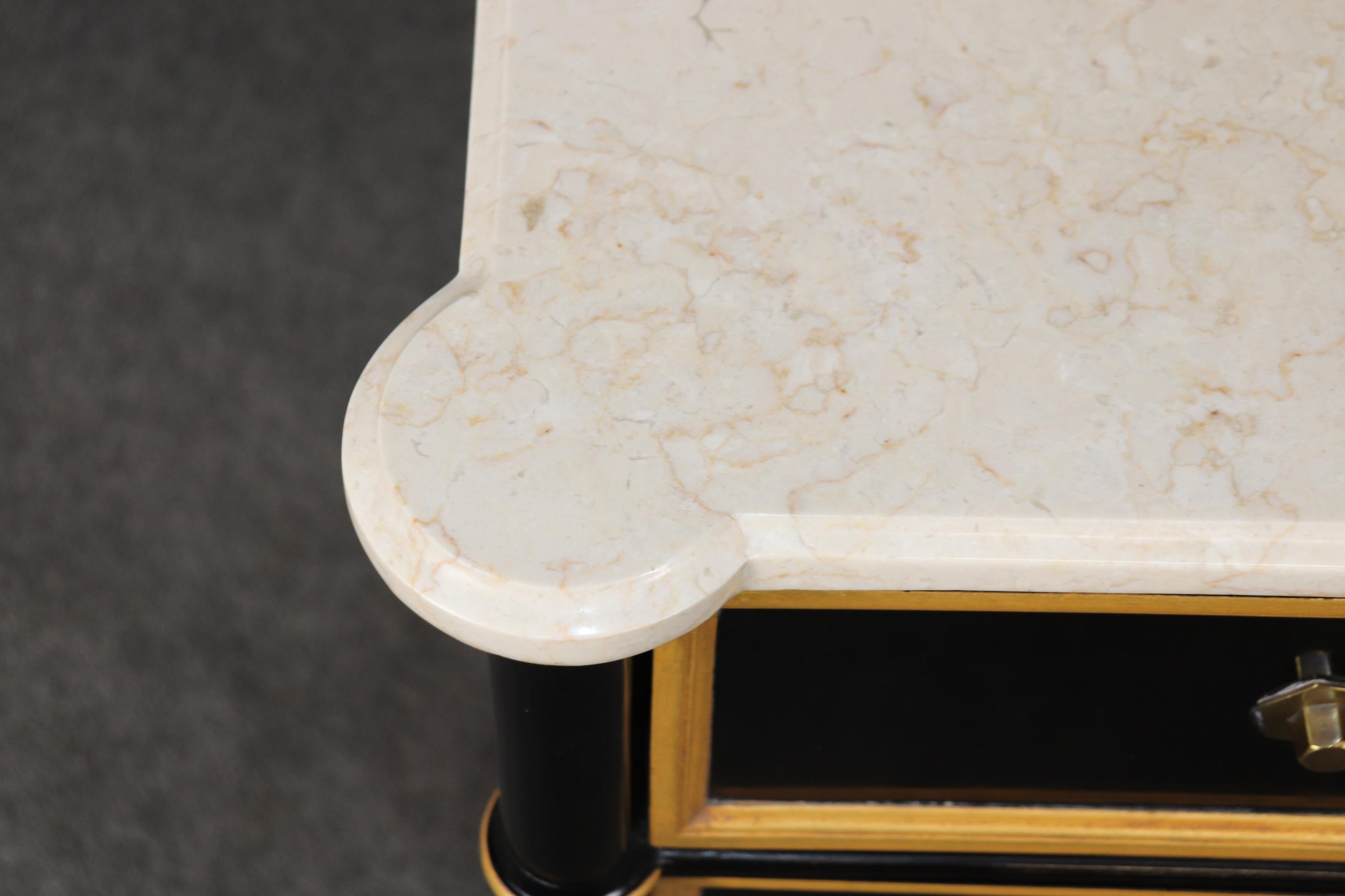Pair Ebonized Directoire Style Maison Jansen Style Marble Top Gilded Commodes 6