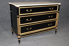 Pair Ebonized Directoire Style Maison Jansen Style Marble Top Gilded Commodes