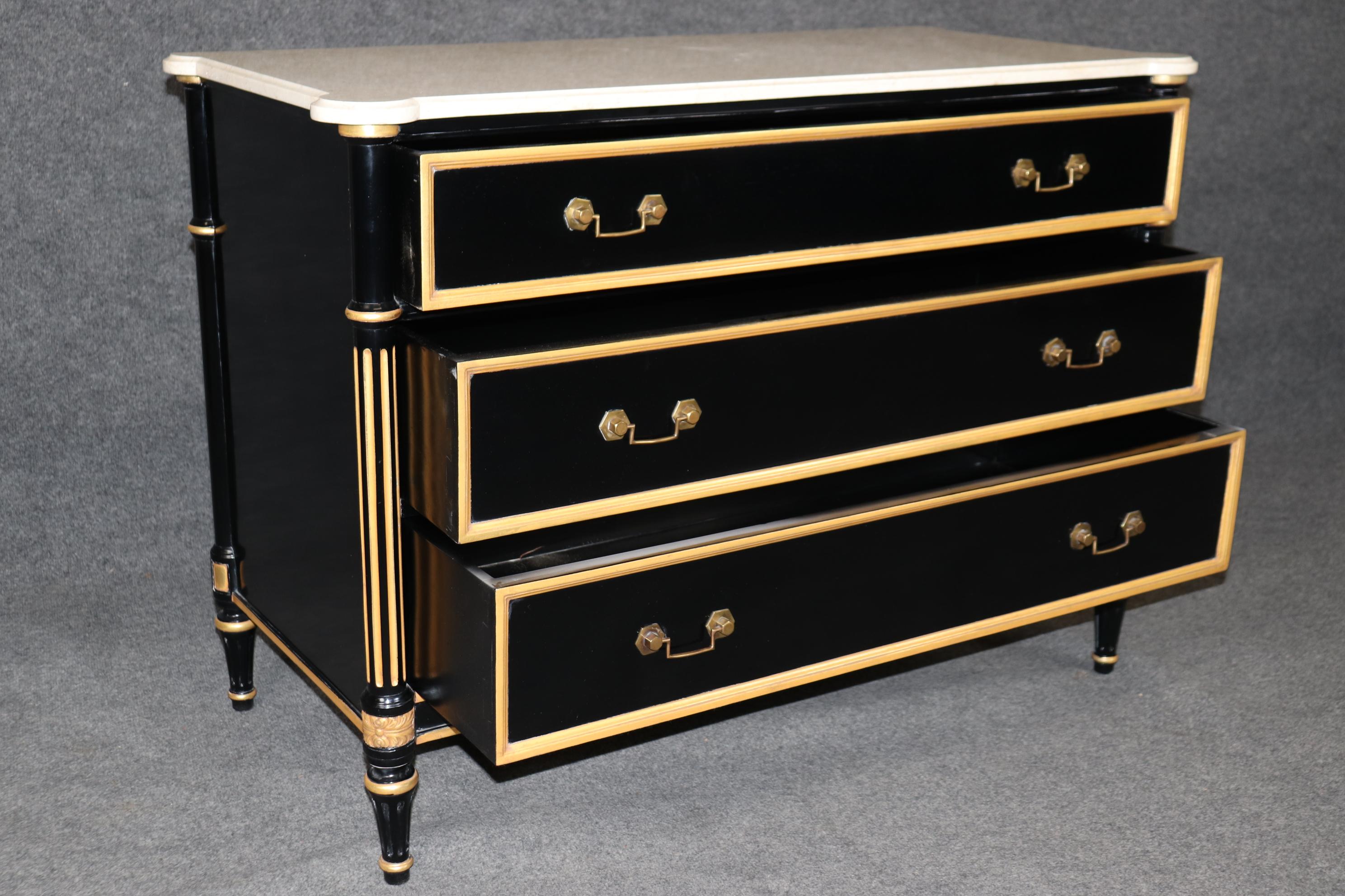 Unknown Pair Ebonized Directoire Style Maison Jansen Style Marble Top Gilded Commodes