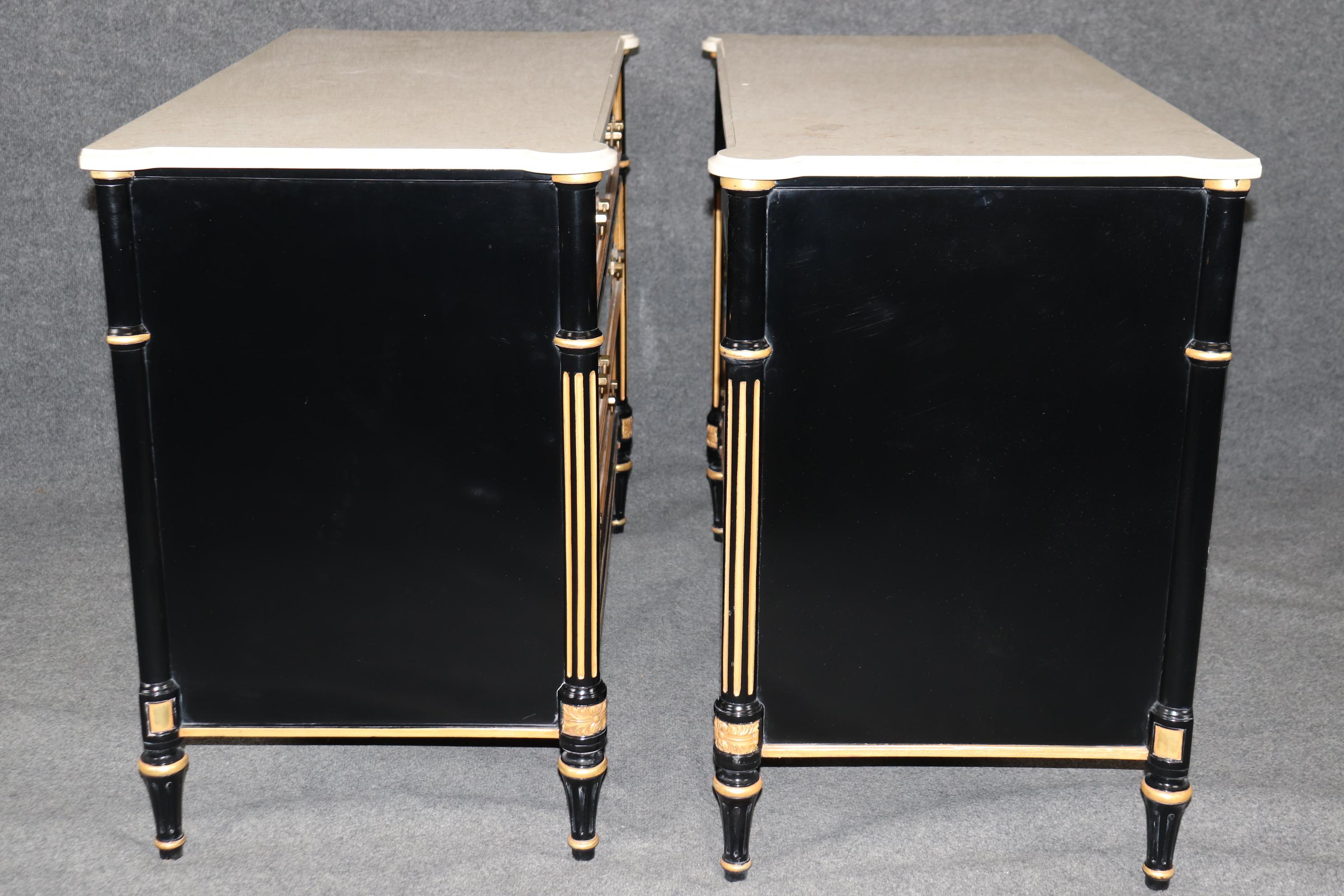 Late 20th Century Pair Ebonized Directoire Style Maison Jansen Style Marble Top Gilded Commodes
