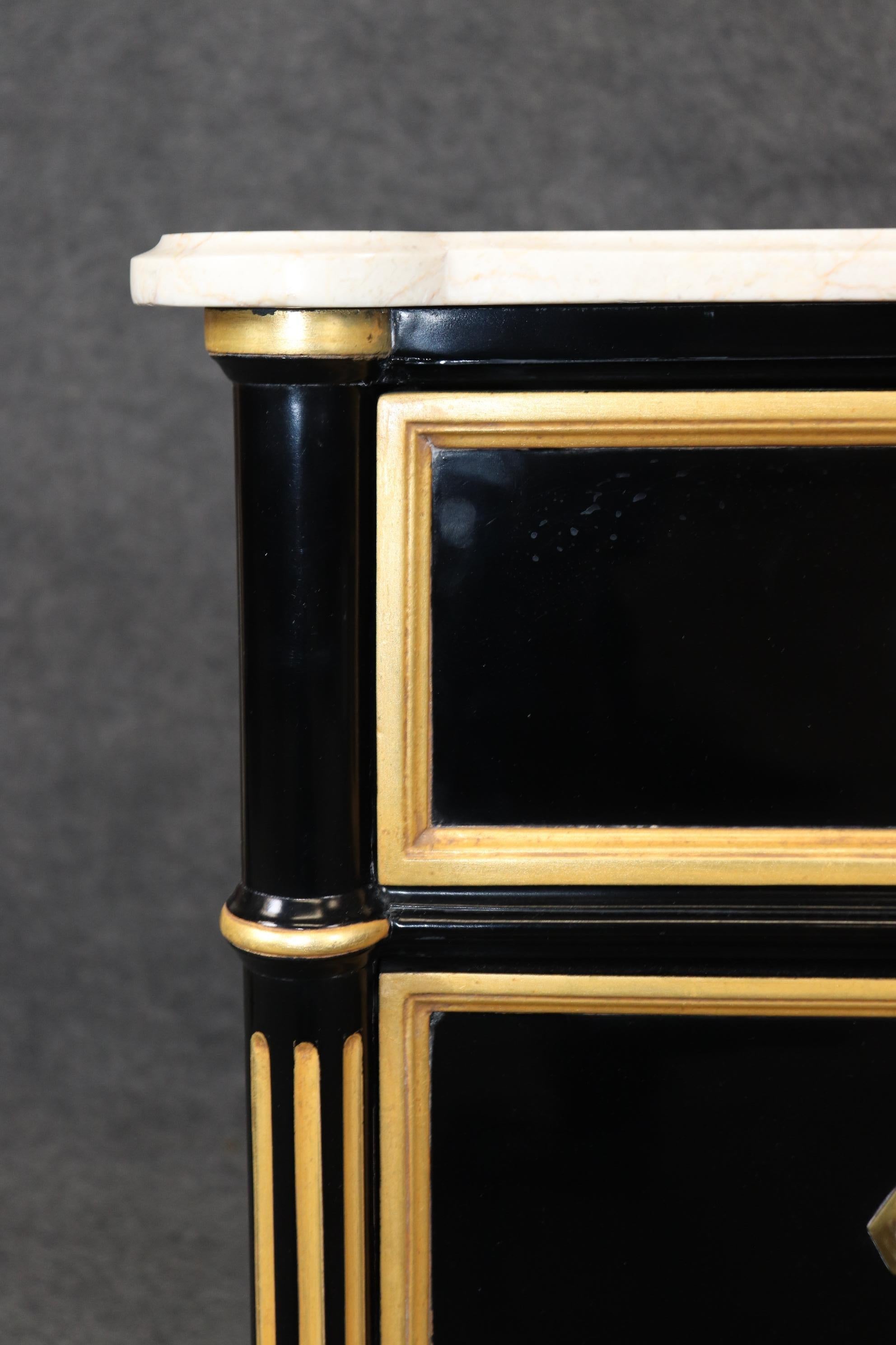 Pair Ebonized Directoire Style Maison Jansen Style Marble Top Gilded Commodes 2