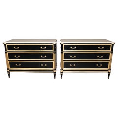 Pair Ebonized Directoire Style Maison Jansen Style Marble Top Gilded Commodes
