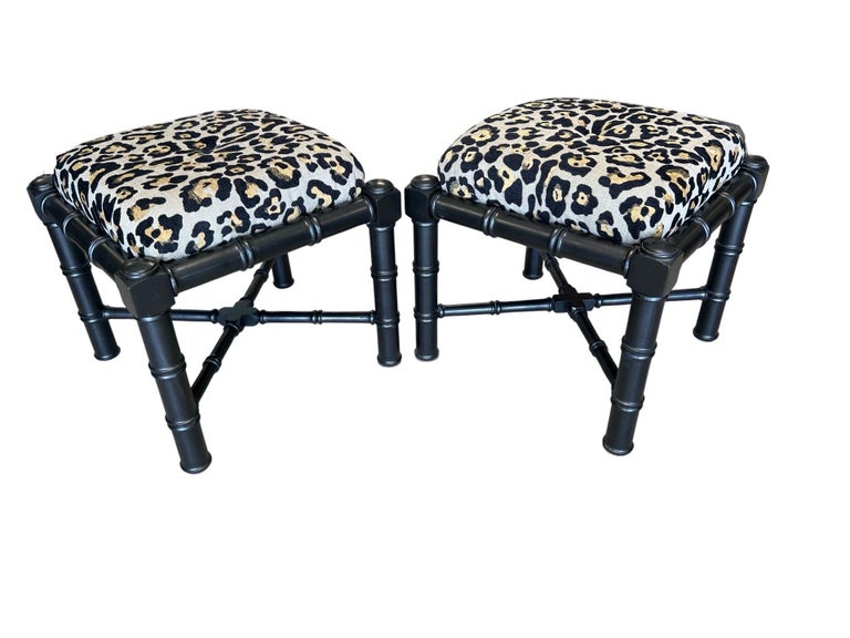 Pair, Ebonized Faux Bamboo Stools with Leopard Fabric Upholstery For