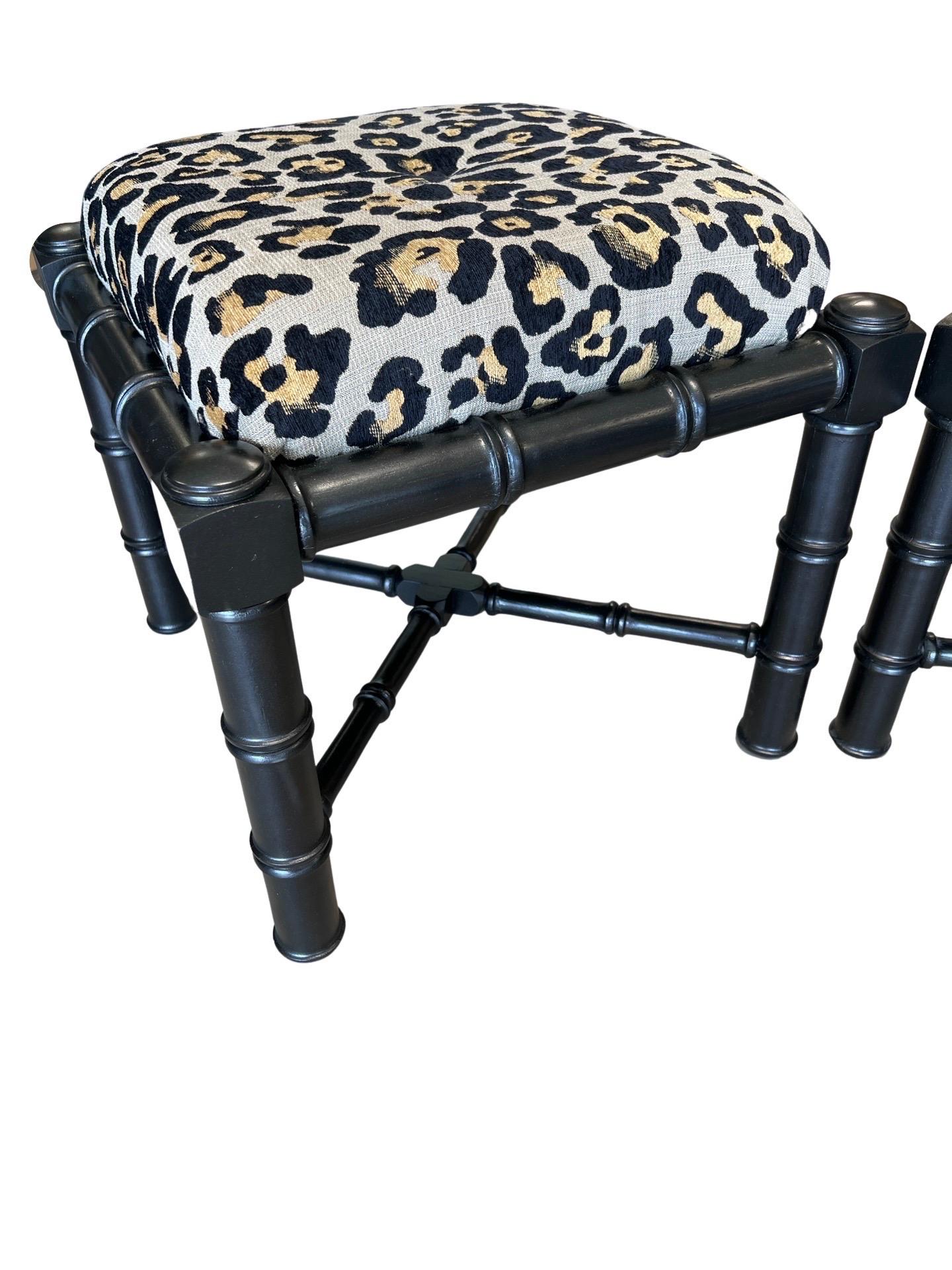 Pair, Ebonized Faux Bamboo Stools with Leopard Fabric Upholstery In Good Condition For Sale In Atlanta, GA