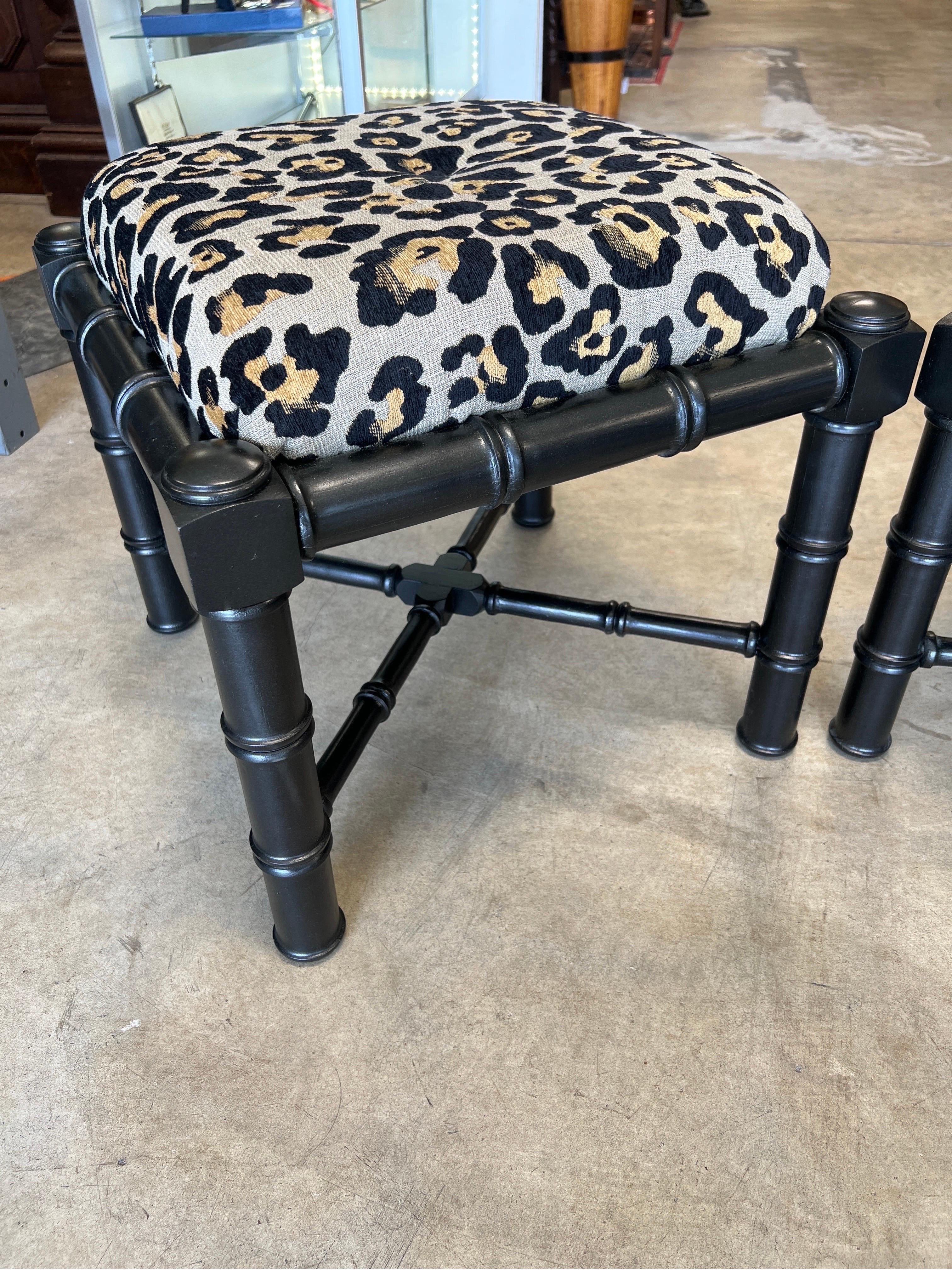 Pair, Ebonized Faux Bamboo Stools with Leopard Fabric Upholstery For Sale 2