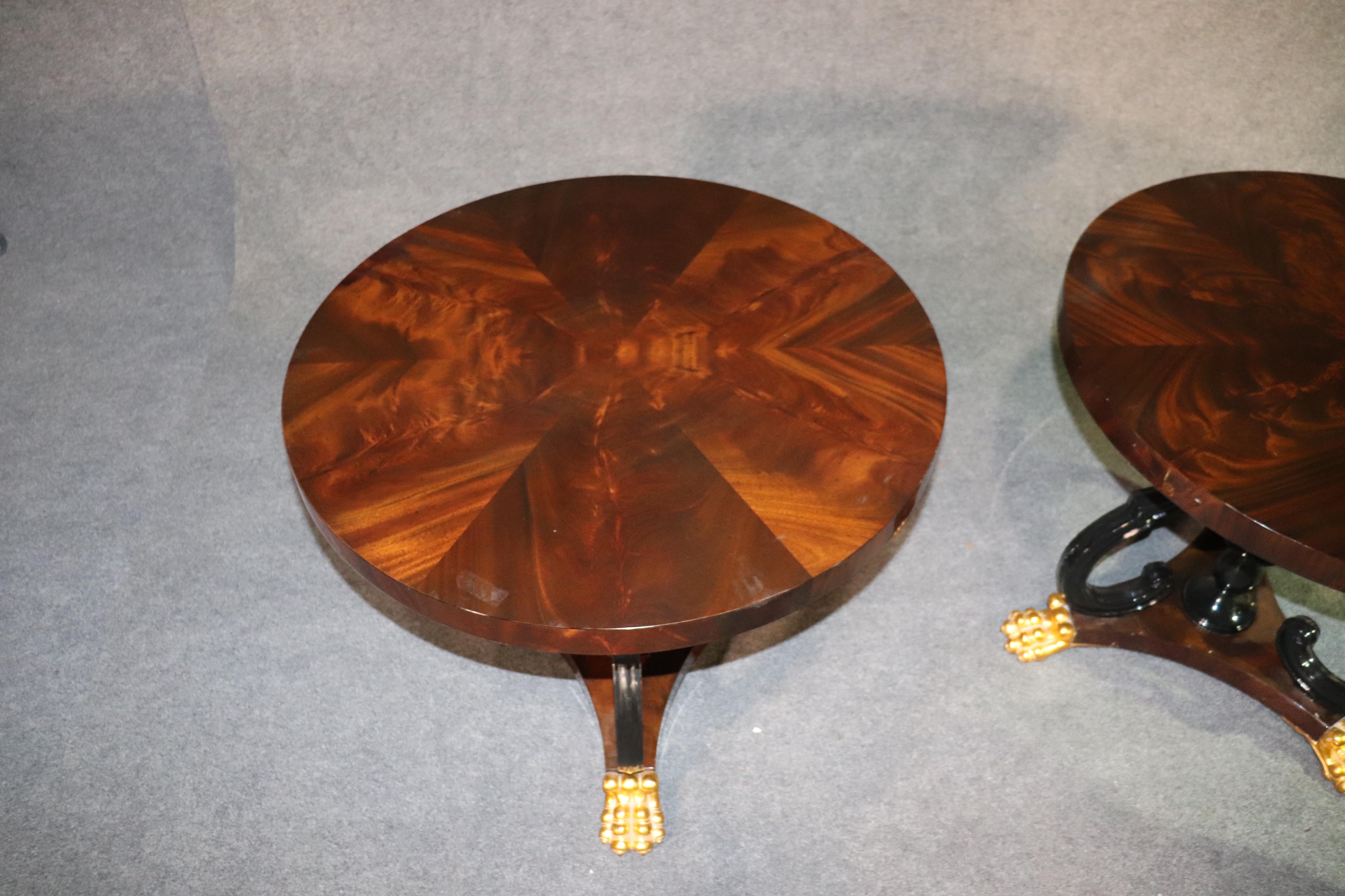 American Pair of Ebonized & Gilded English Regency Style Flame Mahogany Round End Tables