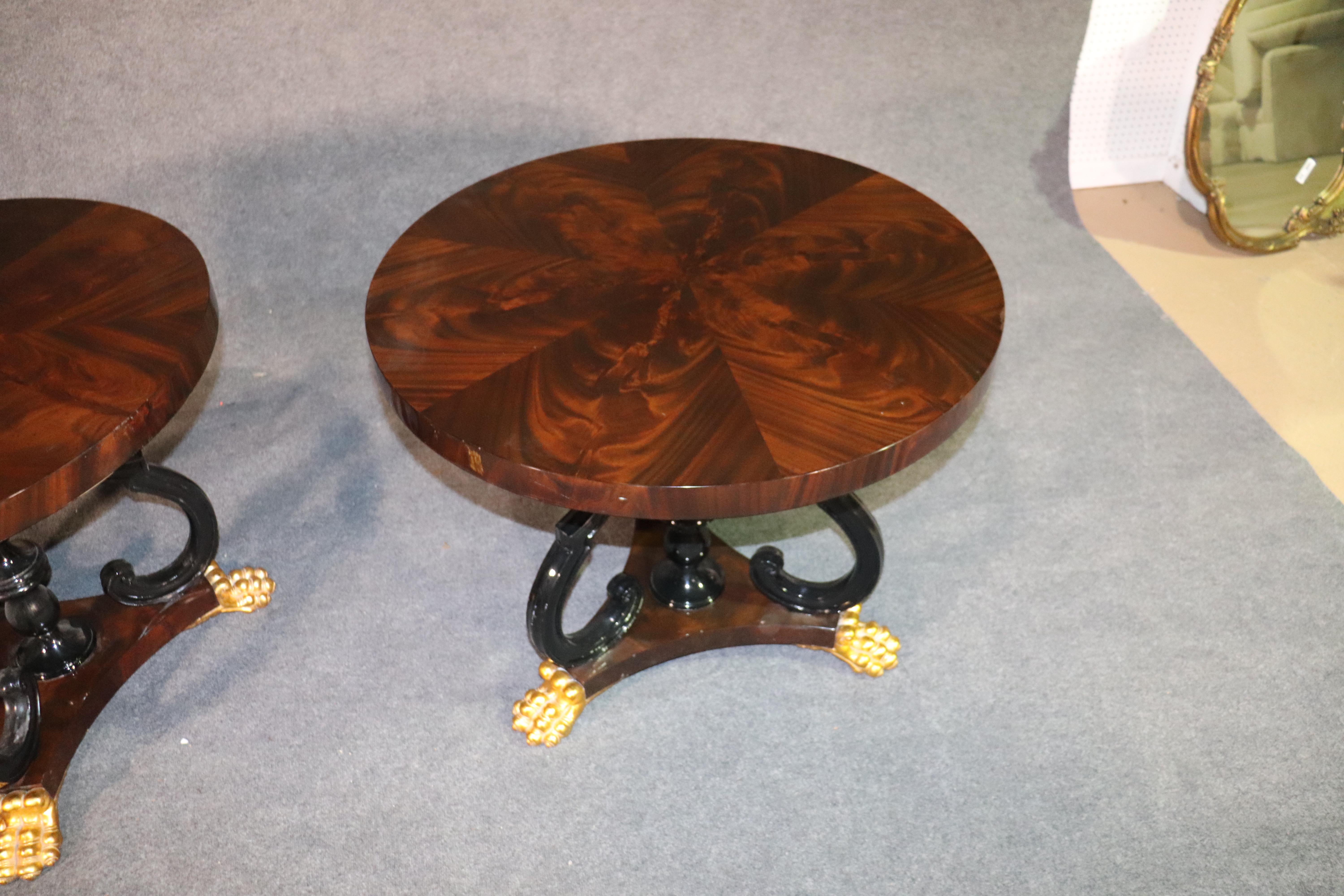 Pair of Ebonized & Gilded English Regency Style Flame Mahogany Round End Tables In Good Condition In Swedesboro, NJ