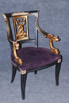 Pair Ebonized Italian 1890s Era Carved Gilded Dolphin Neoclassical Armchairs