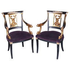 Pair Ebonized Italian 1890s Era Carved Gilded Dolphin Neoclassical Armchairs