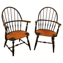 Pair Ebonised Windsor Chairs with Rush Seating