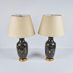 Pair Ebonized Wood Chinoiserie Decorated Lamps