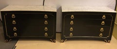 Ebony Concave Marble Top Hollywood Regency Palatial Commodes, Pair