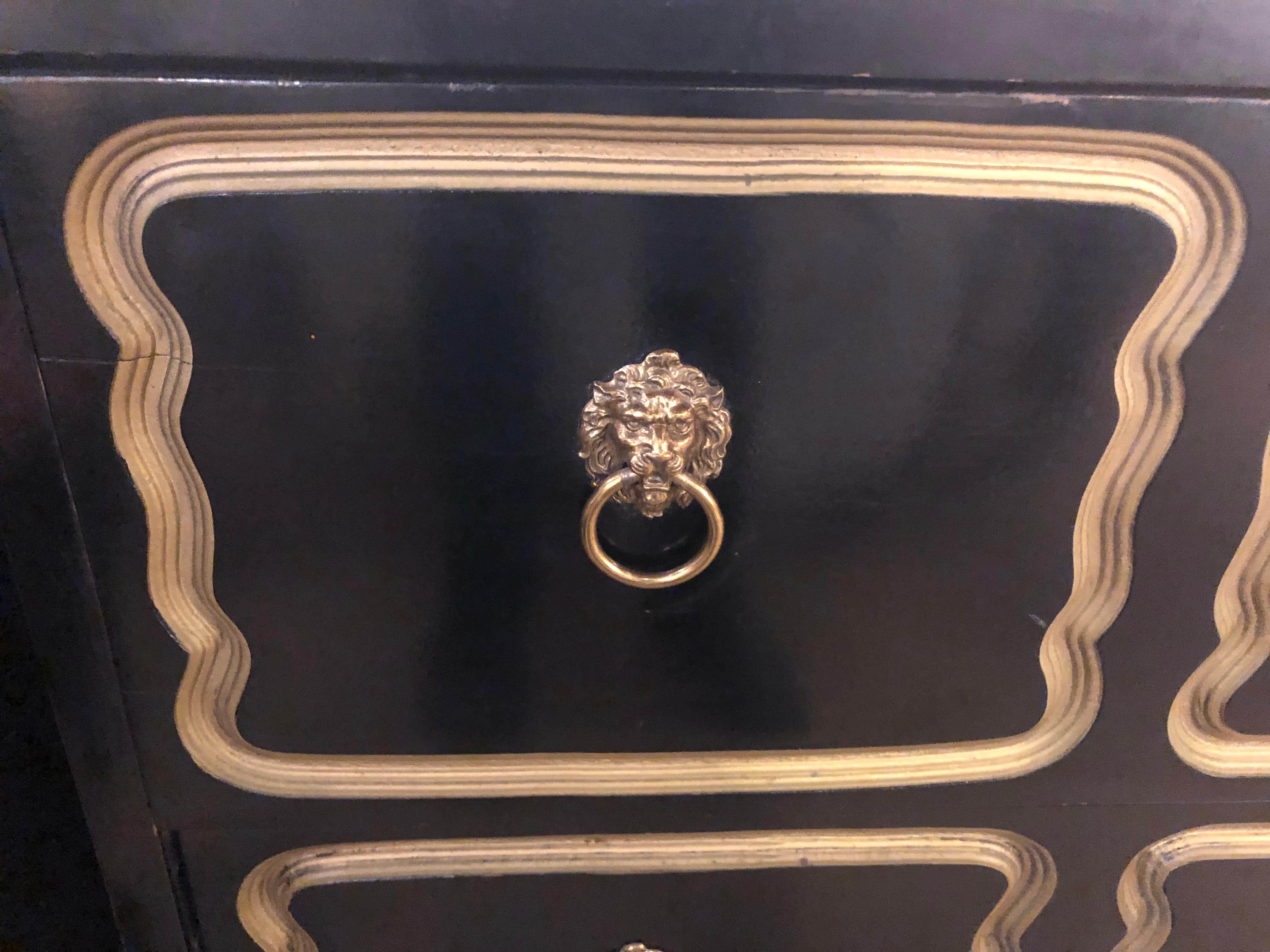 Pair of Ebony Dorothy Draper Espana Bachelor Chests, Nightstands or Commodes In Good Condition In Stamford, CT