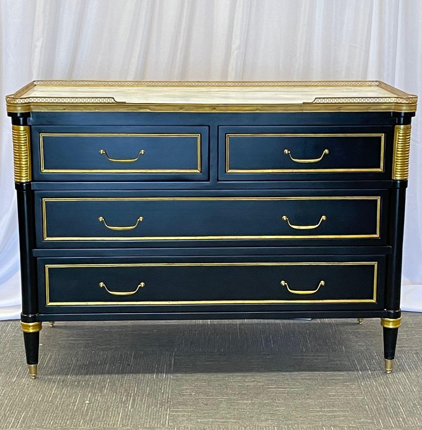Pair Ebony Hollywood Regency Jansen Style Commodes / Nightstands, Marble Top In Good Condition In Stamford, CT