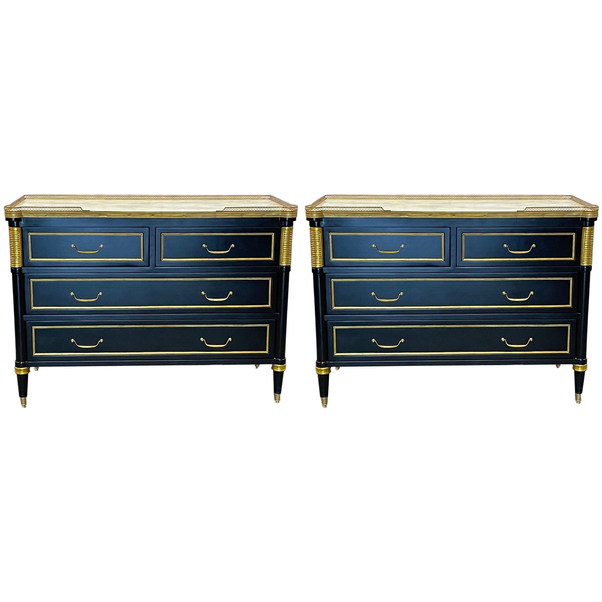 Pair Ebony Hollywood Regency Jansen Style Commodes / Nightstands, Marble Top