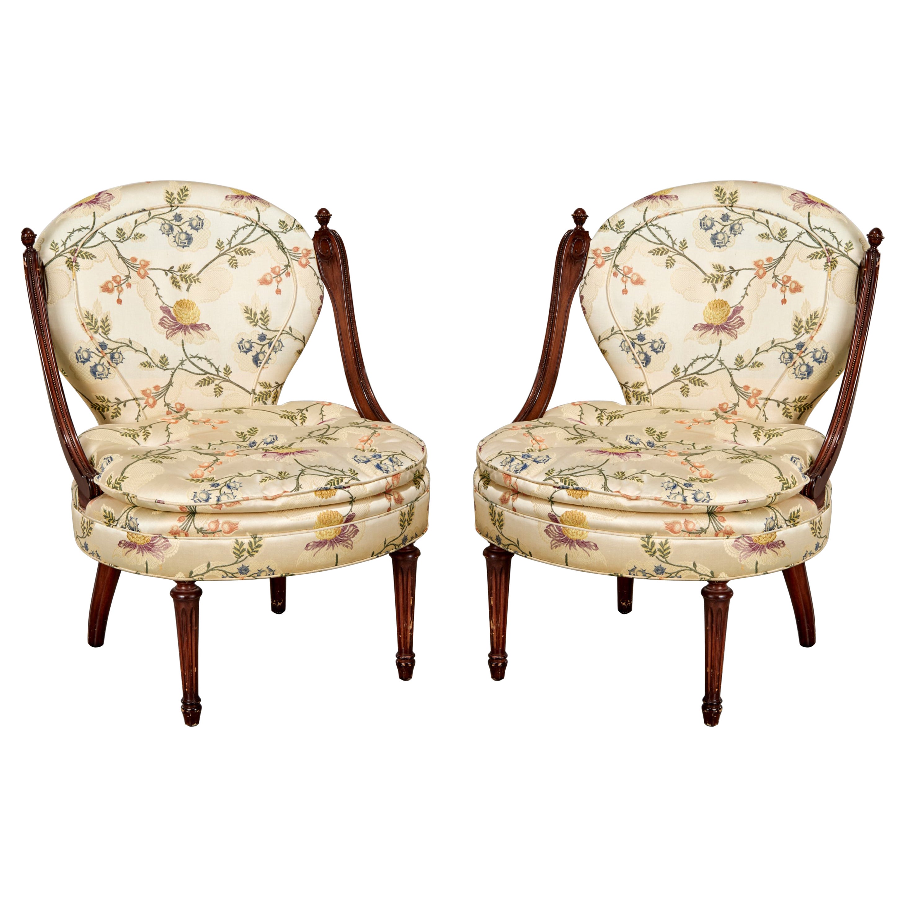 Pair Edmond Petit Paris Upholstered Gondola Chairs with Original Silk Jacquard