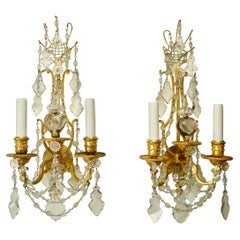 Pair Edward F. Caldwell Gilt Bronze and Crystal Neo-Classical Lyre Back Sconces