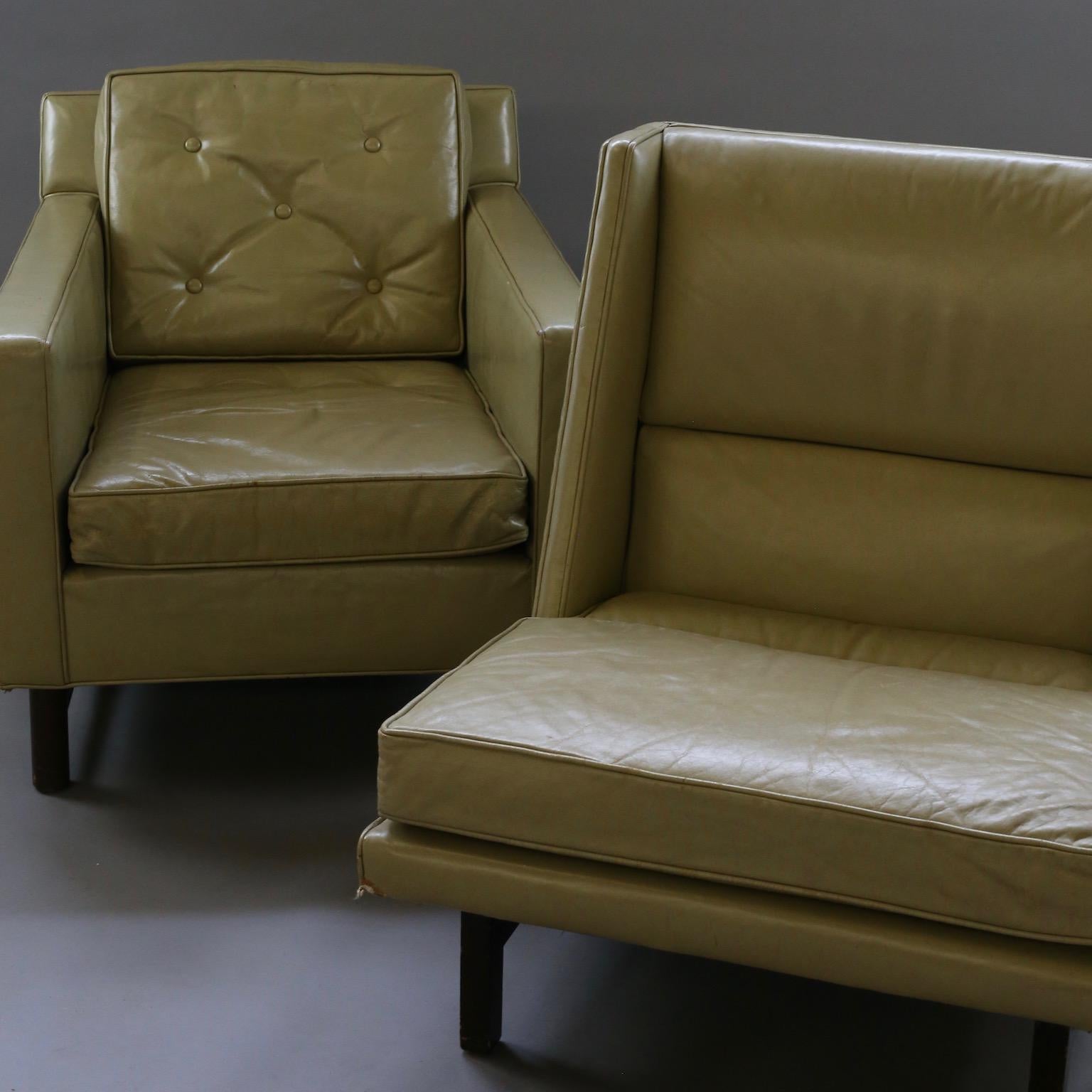 These chairs came from the headquarters of General Dynamics in Fort Worth. Special custom order for famed architectural firm Welton Beckett & Associates in California. Designed by Edward Wormley and upholstered in avocado leather by Dunbar in 1964.
