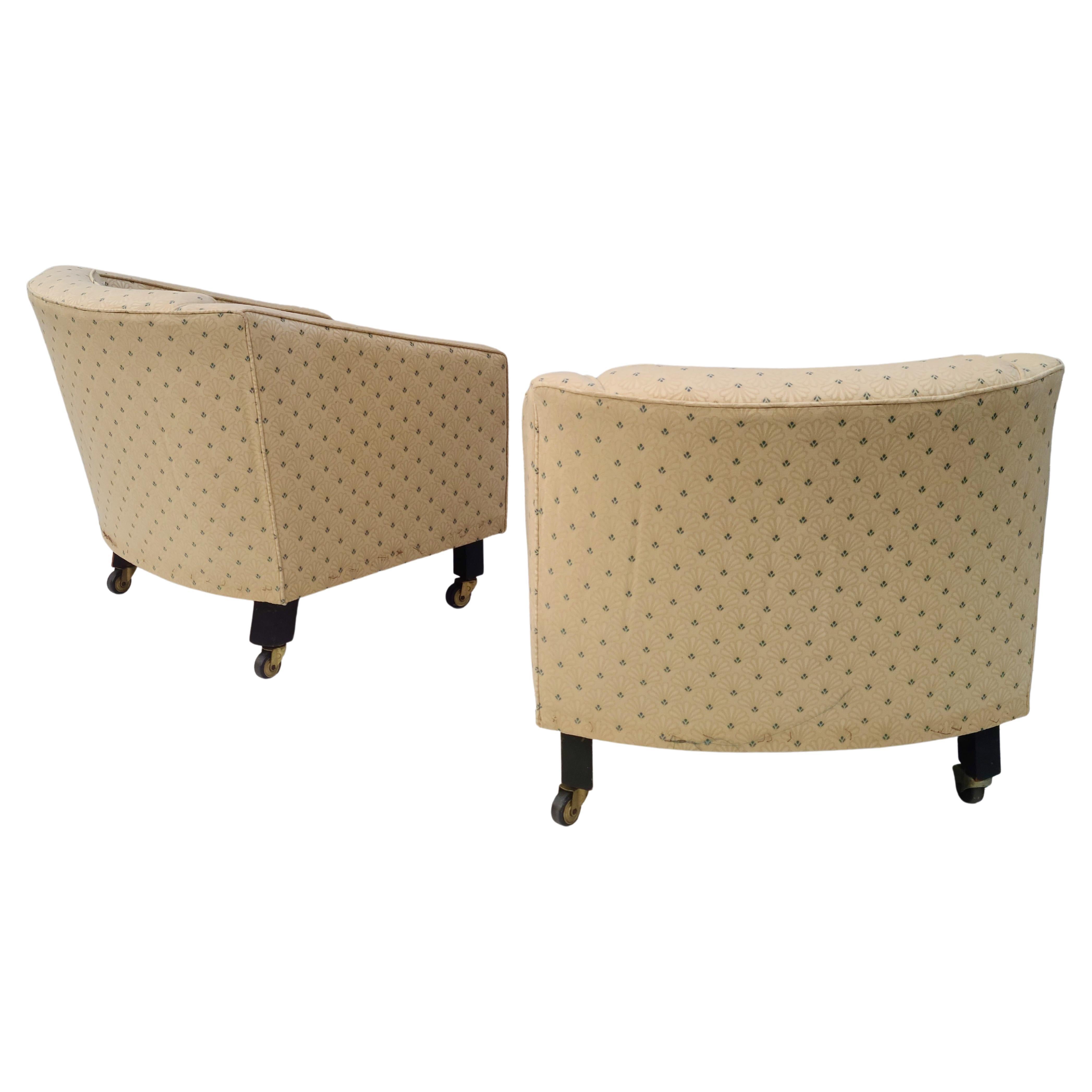 Please feel free to reach out for accurate shipping to your location.

Pair Edward Wormley for Dunbar Lounge Chairs. Wedge side profile. Slight Pie shape top profile with generous curve to backrest. Current Fabric is sun faded and usable. Back Legs