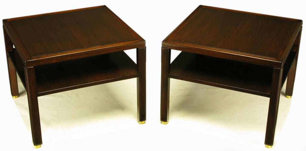 American Pair Edward Wormley Mahogany End Tables with Brass Feet