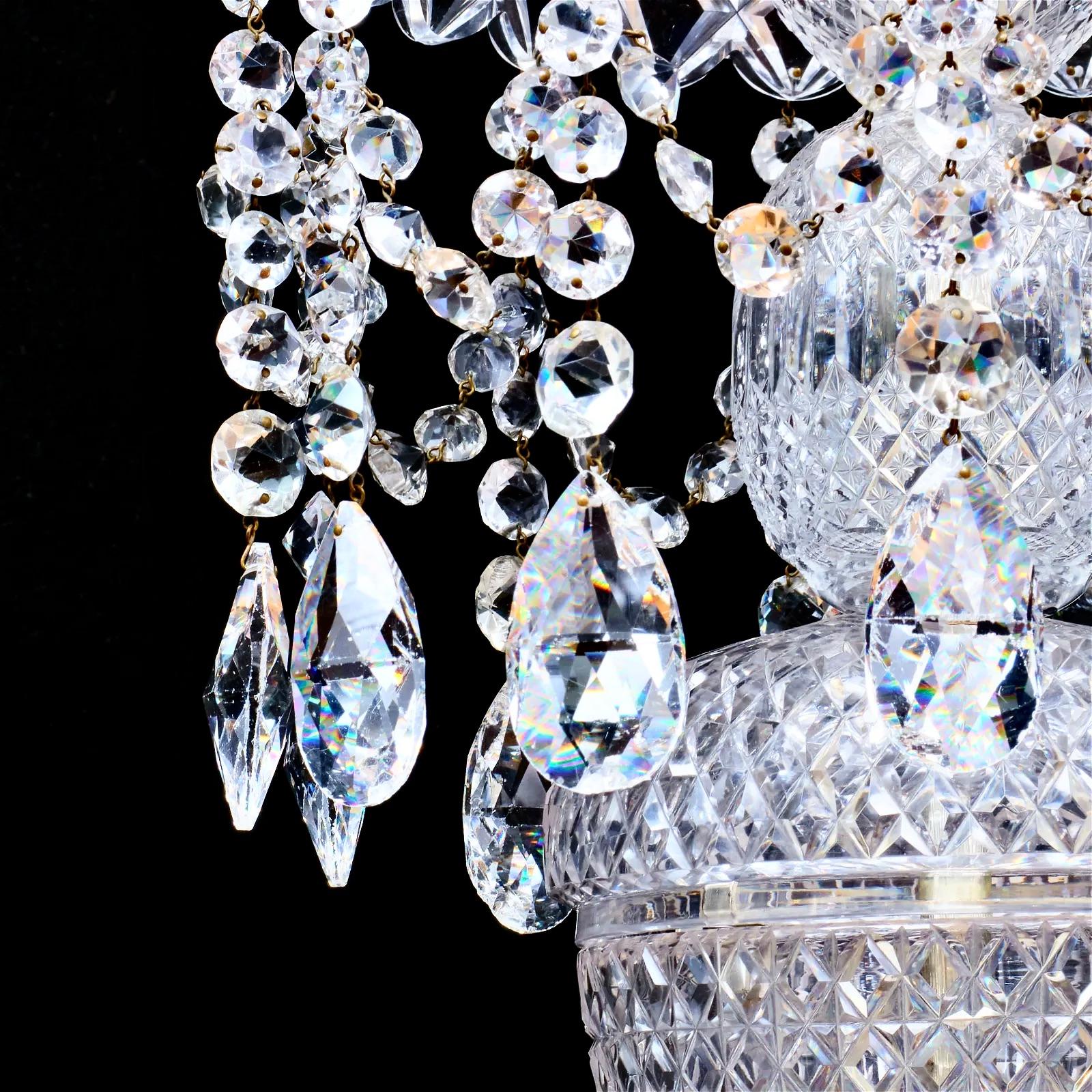 Regency Pair Edwardian George III Style Cut Crystal Chandeliers For Sale