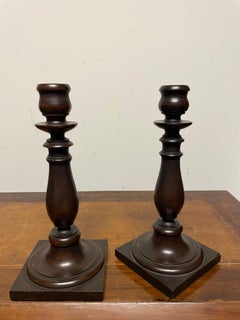 Edwardian Hand-Turned Mahogany Candlesticks, Square Base, Antique Pair