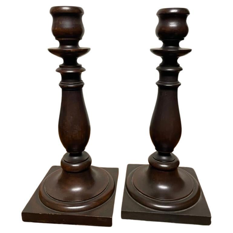 Pair Edwardian Hand Turned Mahogany Candlesticks For Sale