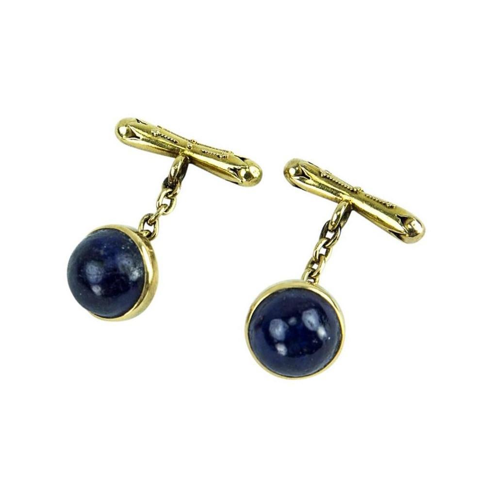 Antique Edwardian Lapis Lazuli Gold Cufflinks Estate Fine Jewelry In Excellent Condition For Sale In Montreal, QC