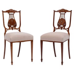 Pair Edwardian Lyre-Back Music Chairs Cameo Detail, England c. 1900