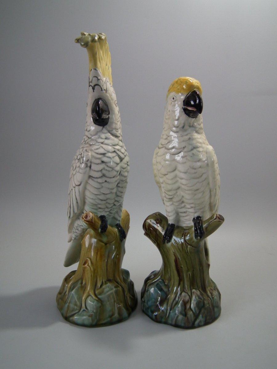 English Pair of Edwardian Mintons Majolica Parrots or Cockatoos